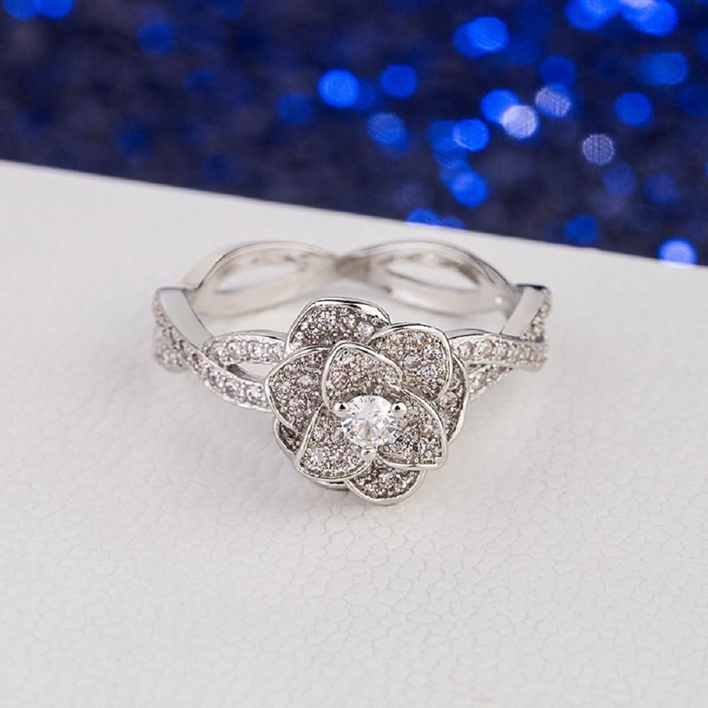 18K Platinum Plated Rose Gold 3D Rose Flower Ring for Women - Cubic Zirconia Diamond Engagement & Wedding Ring (Size 7, Silver) | Perfect for Anniversary Gifts, Valentine's Day & Bridal Jewelry