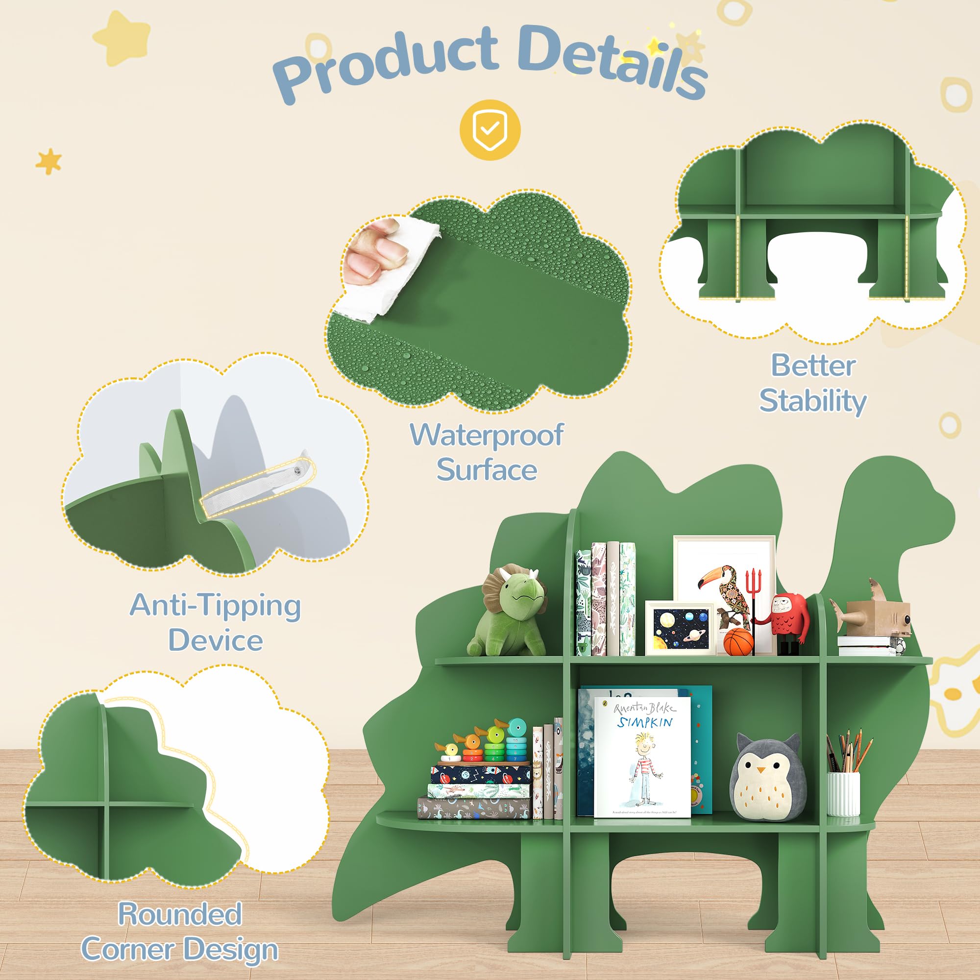 Dinosaur-Themed 2-Tier Wooden Kids Bookshelf - Toy Storage & Book Organizer for Nursery, Bedroom, Playroom - Perfect for Toddler Room Decor & Learning Space Organization