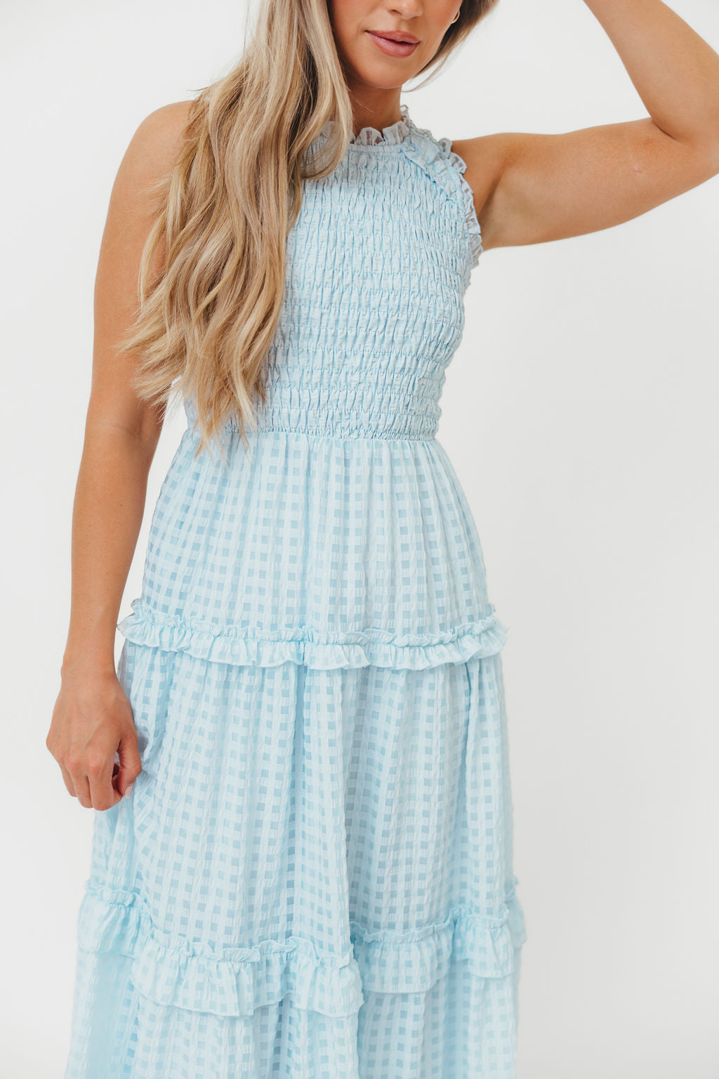 Powder Blue Hyacinth Sleeveless Gingham Maxi Dress with Ruffle Details - Perfect for Summer Beach Vacations, Garden Parties & Boho Fashion Outfits