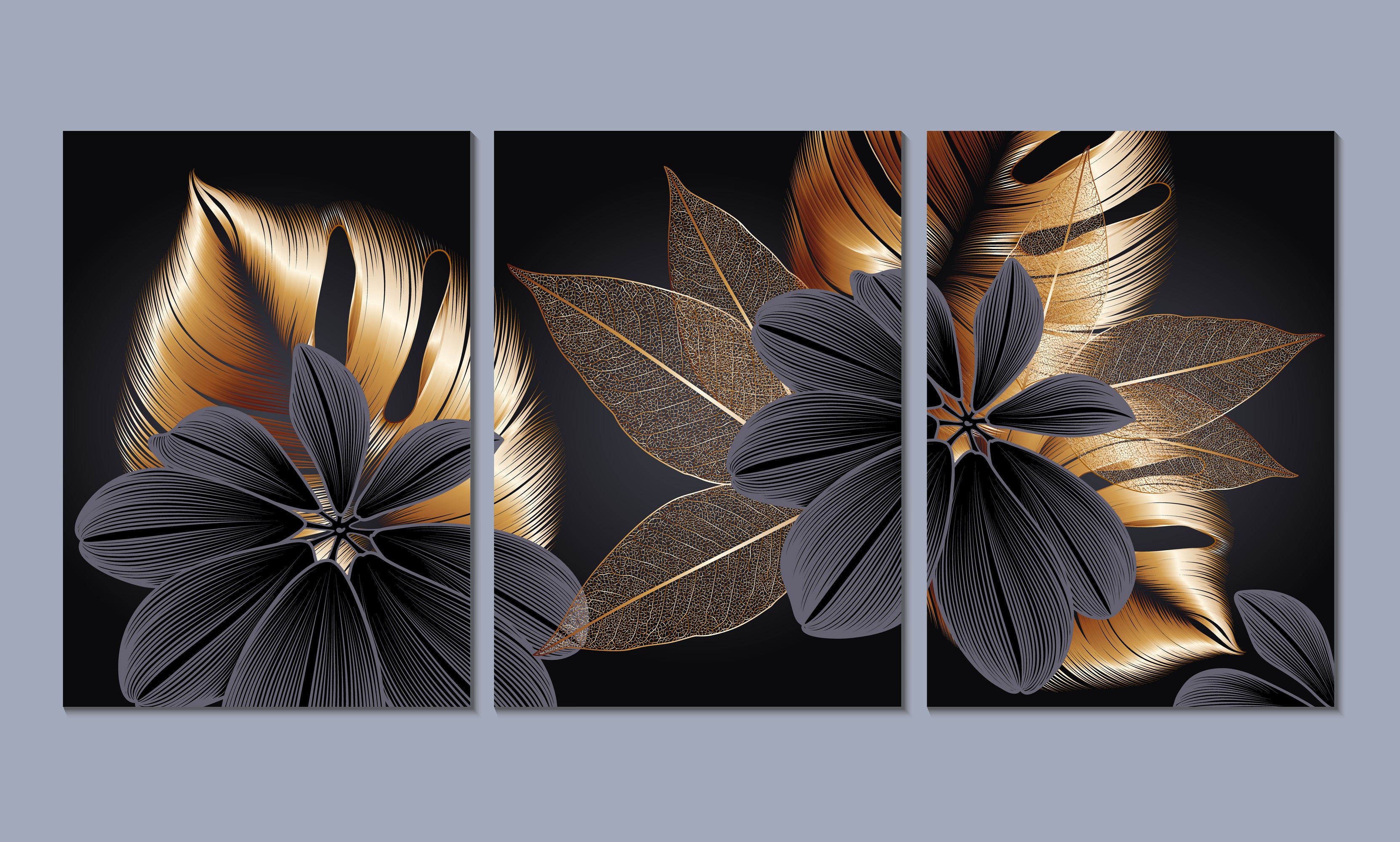 3-Piece Black & Gold Abstract Floral Canvas Wall Art Set - Premium Quality 100% Australian Made - Ready to Hang for Living Room, Bedroom & Office Decor