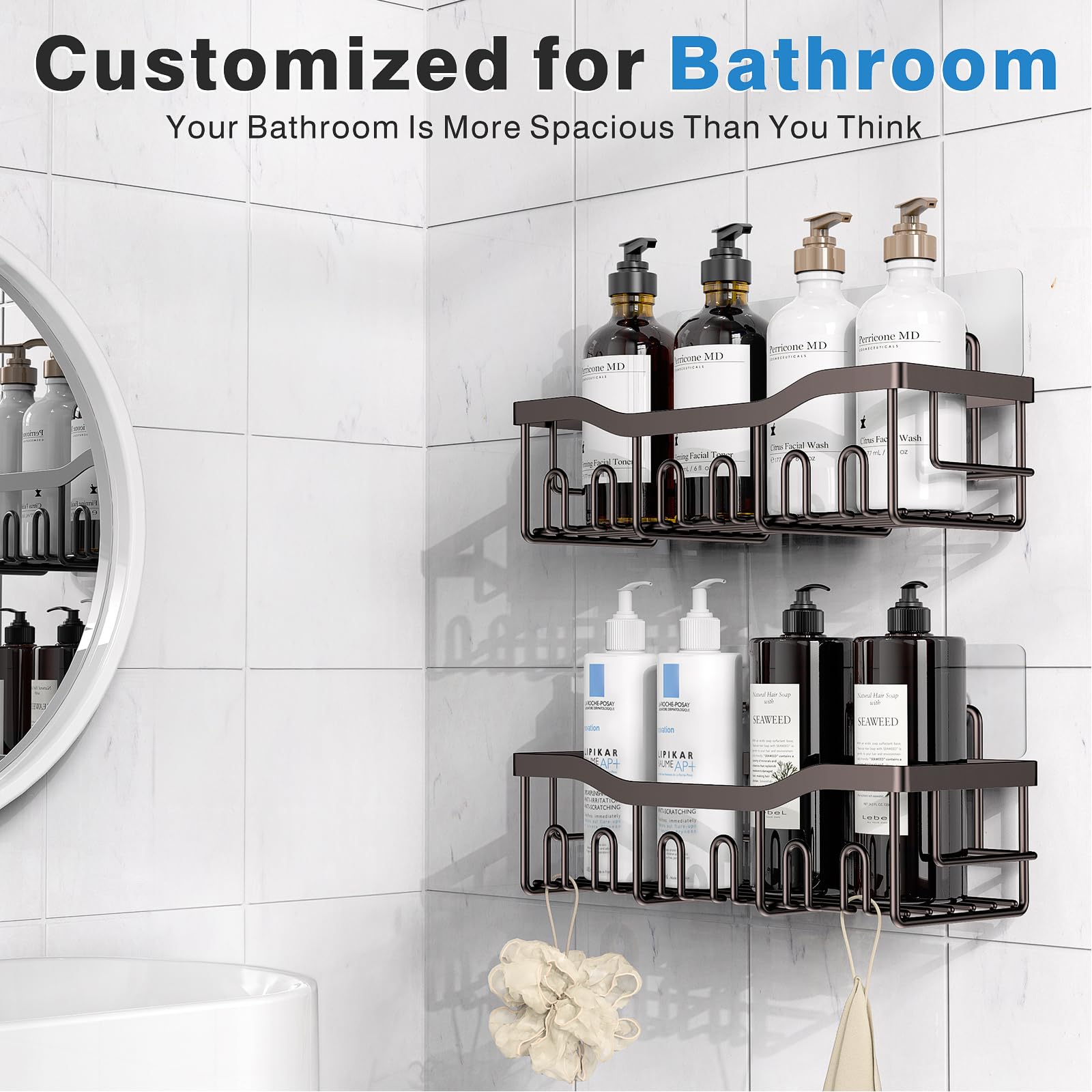 2 Pack Rustproof Stainless Steel Shower Caddy - No Drill Adhesive Bathroom Organizer with Large Capacity for Shower, Bathroom & Kitchen Storage | Perfect for Home Decor, Apartment Living & Small Space Organization