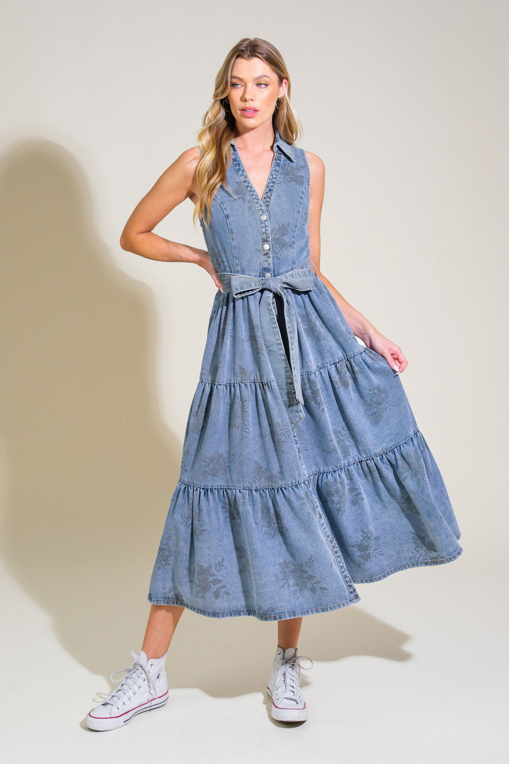 County Fair Floral Denim Dress - Women's Vintage Style Denim Dress for Casual Outings, Picnics & Summer Festivals