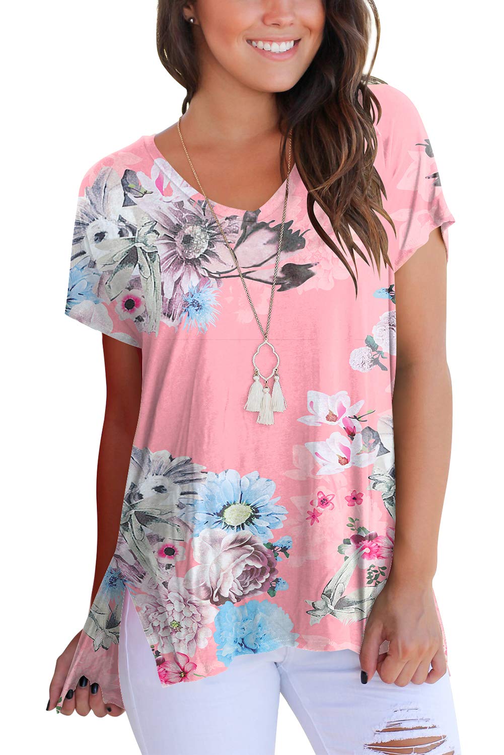 FAVALIVE Women's Short Sleeve V-Neck Loose Fit High-Low T-Shirt - Casual Summer Top for Outfits, Beach, and Everyday Wear