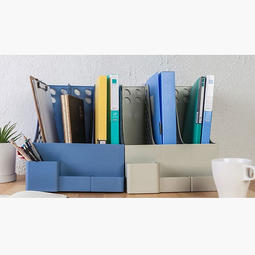 Gray Bookends with Pencil Holder & Storage Basket - 3 Compartment Vertical Document Organizer for Desk, Bookshelf & Office - Perfect for Organizing Books, Files & Stationery