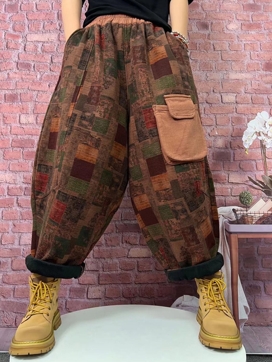 Plus Size Women's Vintage Plaid Fleece-Lined Harem Pants - Cozy Winter Lounge Pants for Casual Wear & Home Comfort