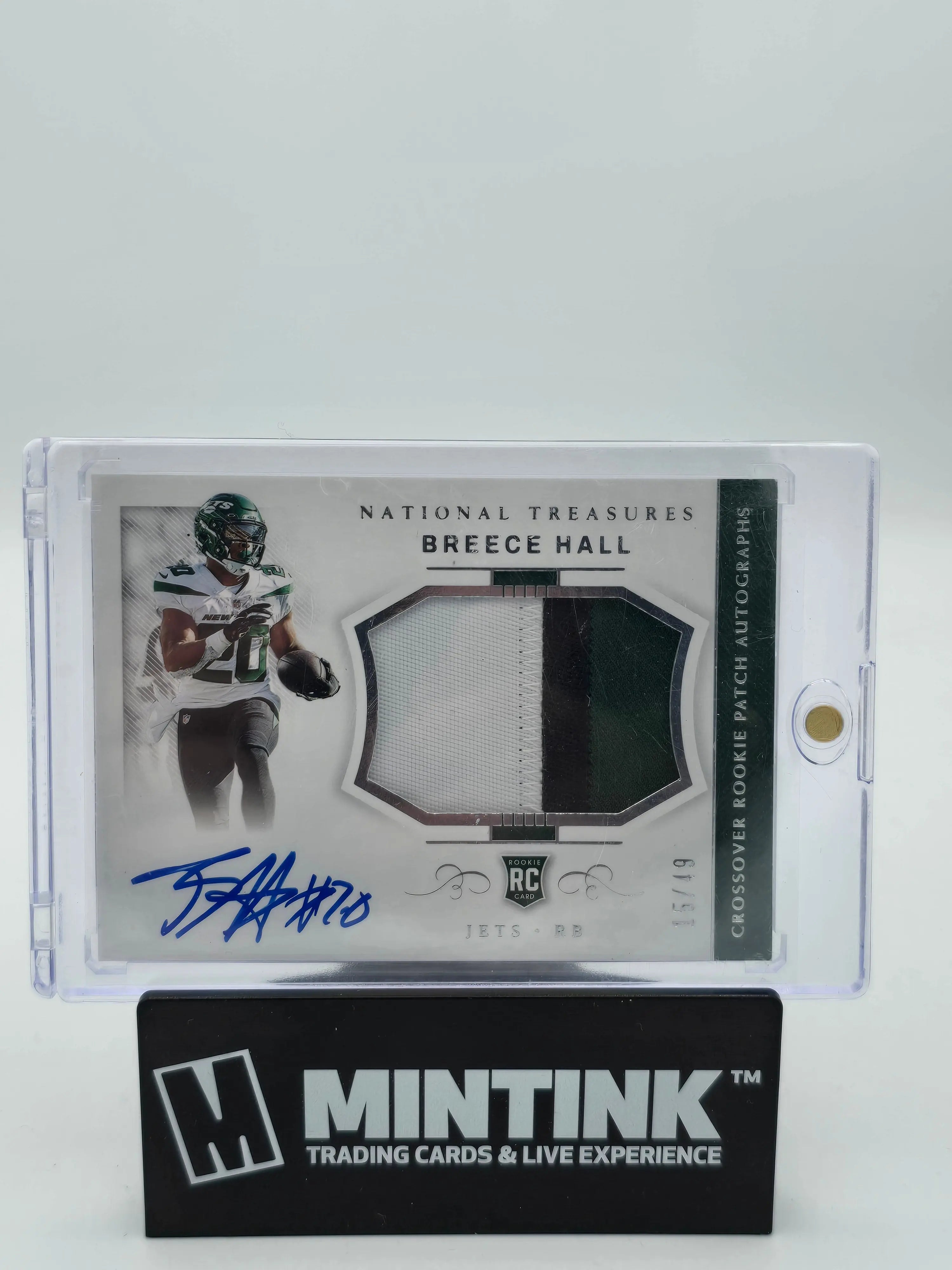 2022 Panini National Treasures Breece Hall Rookie Patch Autograph Card /49 - NFL Collectible for Fans & Investors, Perfect for Display or Trading