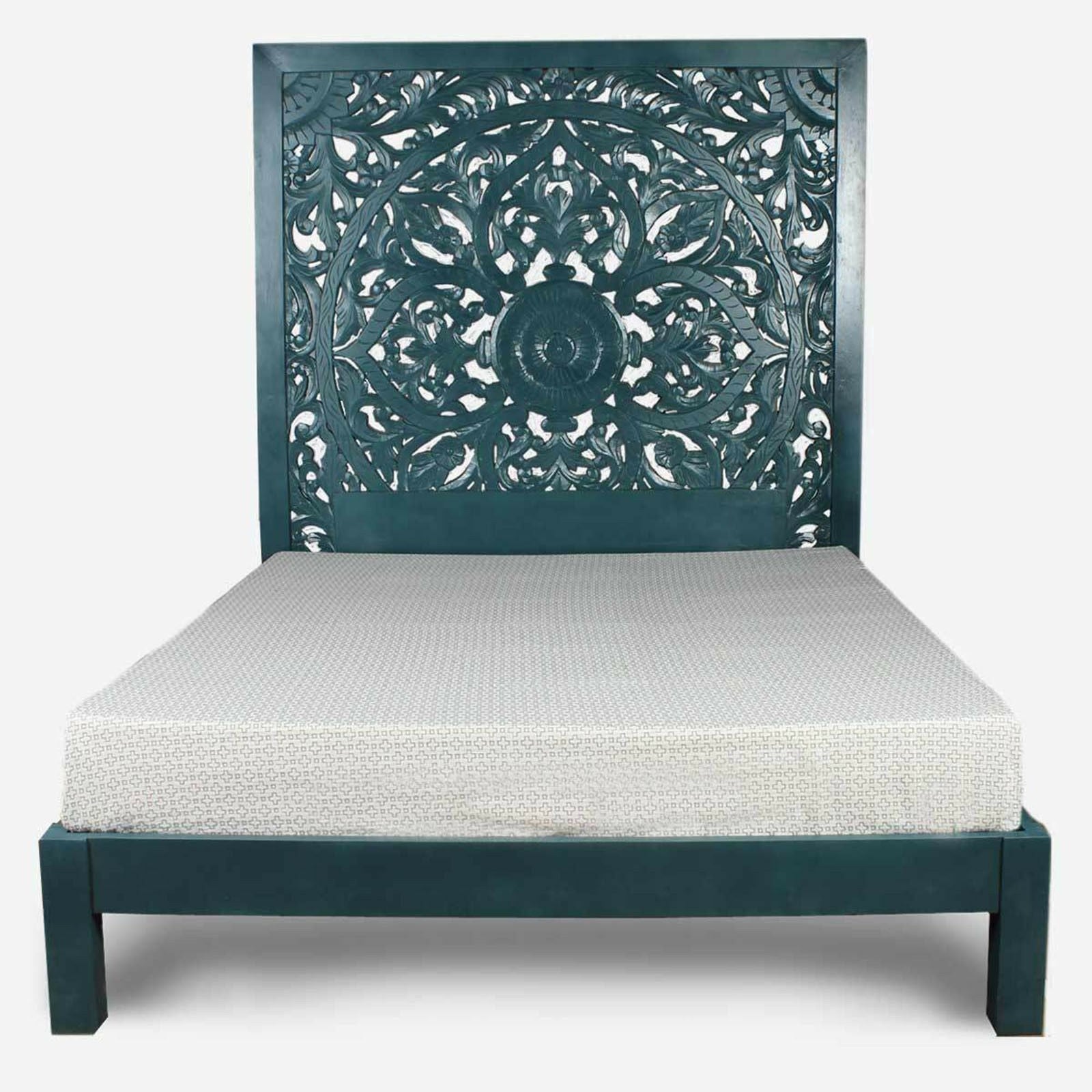 Hand Carved Indian Solid Wooden Bed Frame - Dynasty Green Queen Size for Bedroom & Guest Room Decor