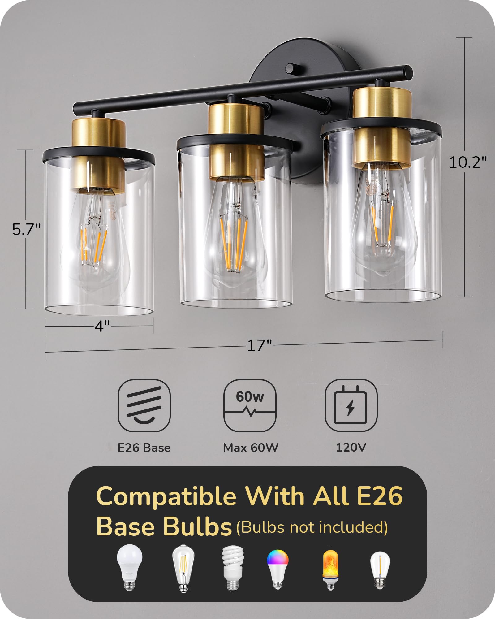Modern 3-Light Bathroom Vanity Lighting Fixture - Black & Gold Wall Sconce with Clear Glass Shade for Bathroom Mirror, Powder Room, Vanity Table & Kitchen Decor | Perfect for Makeup Application & Ambient Lighting
