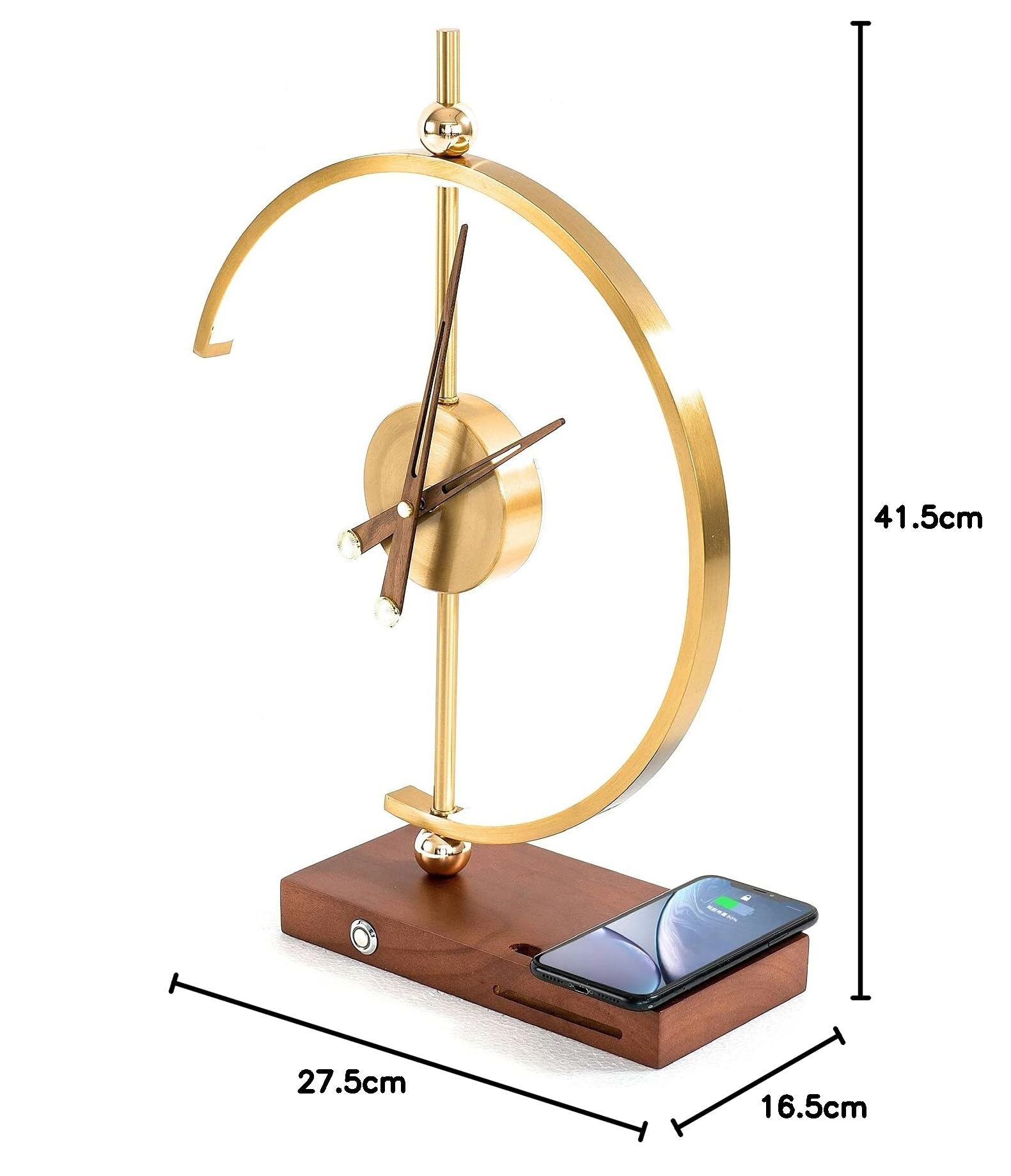 Flavio Russo Golden Time Decorative LED Desk Lamp with 12-Hour Clock, Qi Wireless Charger & USB Port - Perfect for Home Office, Bedroom Nightstand, and Gift Giving