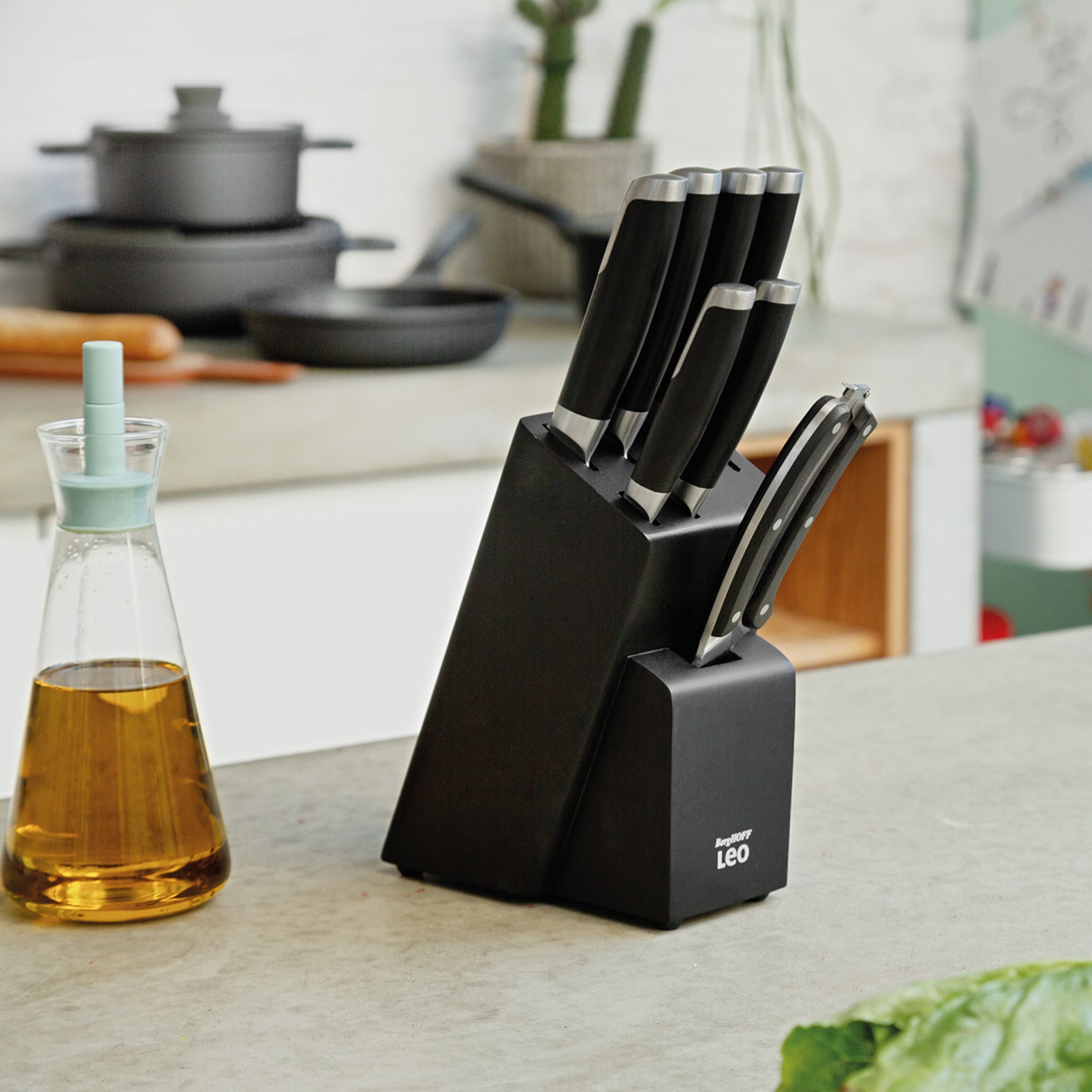 BergHOFF Leo Graphite 6-Piece Stainless Steel Knife Block Set - Premium Kitchen Cutlery for Slicing, Dicing & Food Prep