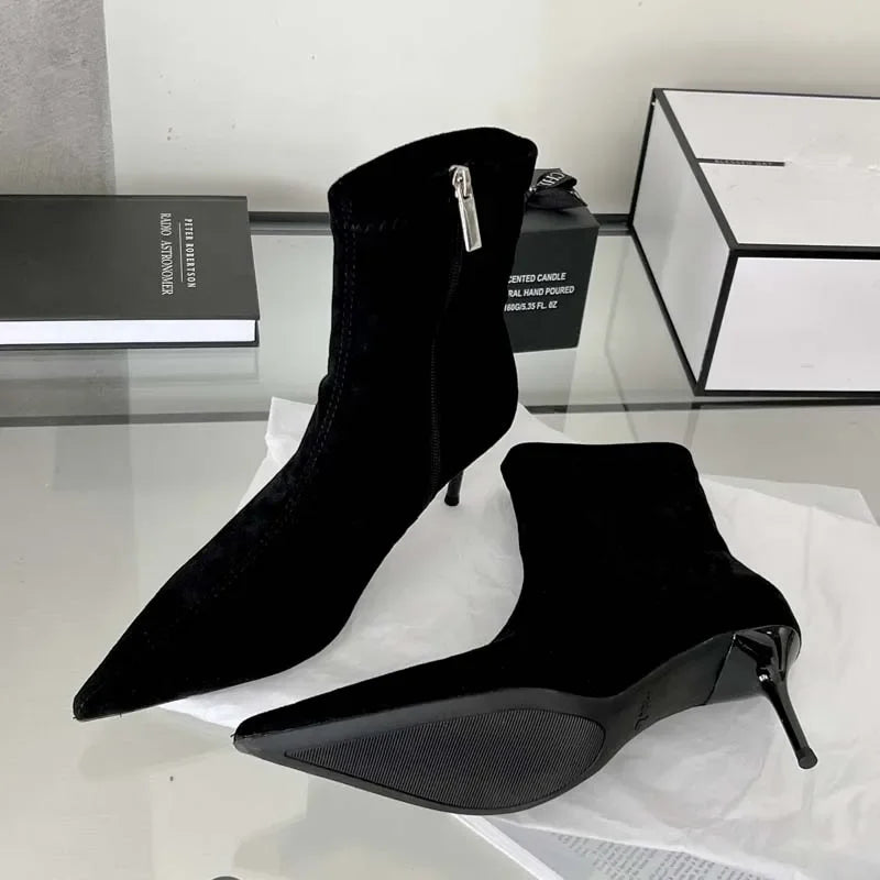 Sexy Thin Low Heel Pointed Toe Ankle Boots for Women - Fashion Party Shoes with Zipper - Spring & Autumn Short Booties for Night Out, Dating & Office Wear