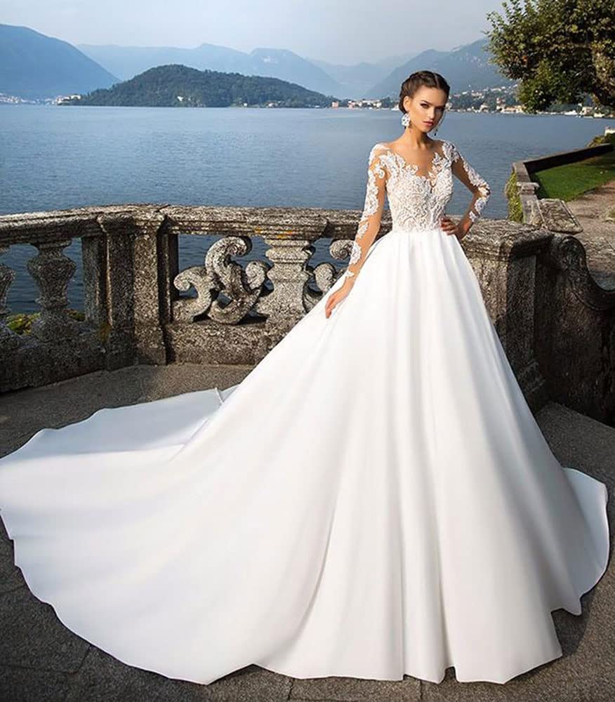 XYAYE Elegant Long Sleeve Lace Wedding Dress for Bride - Satin Princess Bridal Gown with Long Train | Perfect for Church Ceremony, Ballroom Reception & Formal Wedding Events