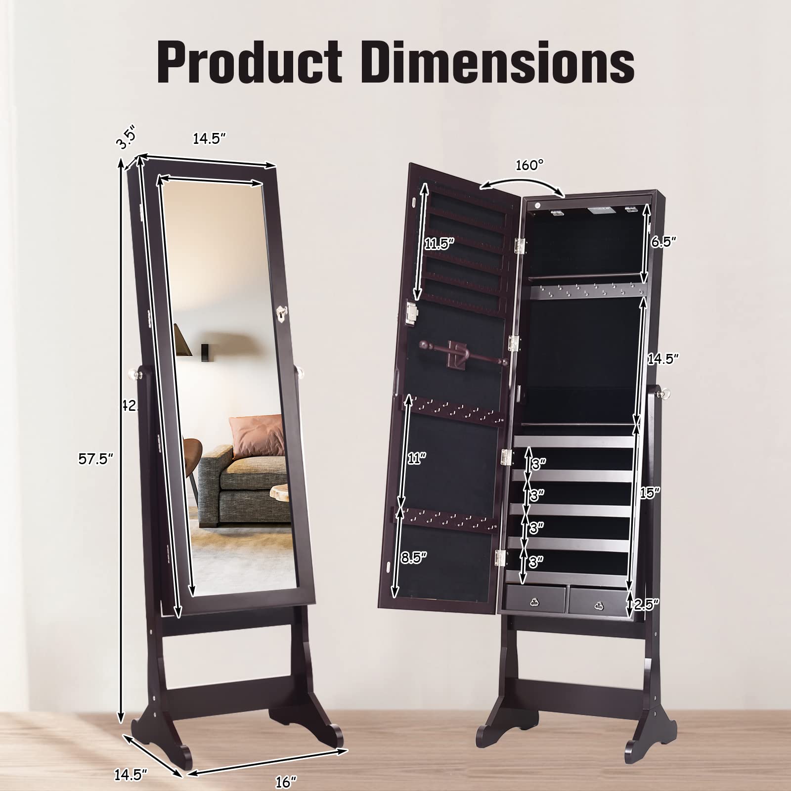 COSTWAY Full Length Standing Mirror Jewelry Cabinet with LED Lights - Large Lockable Jewelry Organizer Armoire for Women & Girls, 4 Adjustable Angles, Brown - Perfect for Bedroom, Dressing Room & Closet Organization