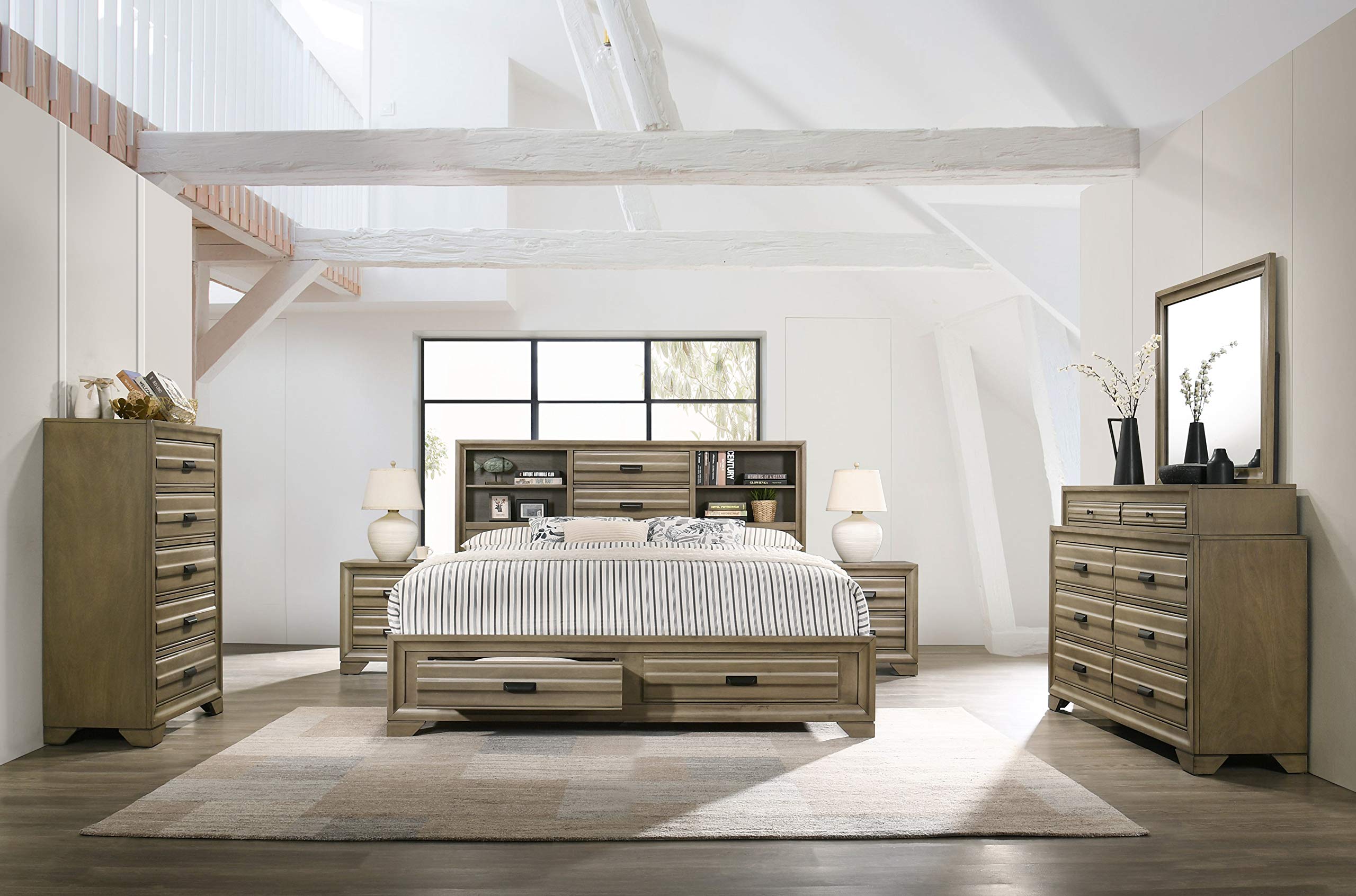 Roundhill Furniture Loiret Wood Storage Platform Queen Bedroom Set with Dresser, Mirror, 2 Nightstands & Chest - Light Gray Finish - Modern Bedroom Furniture for Small Spaces & Guest Rooms