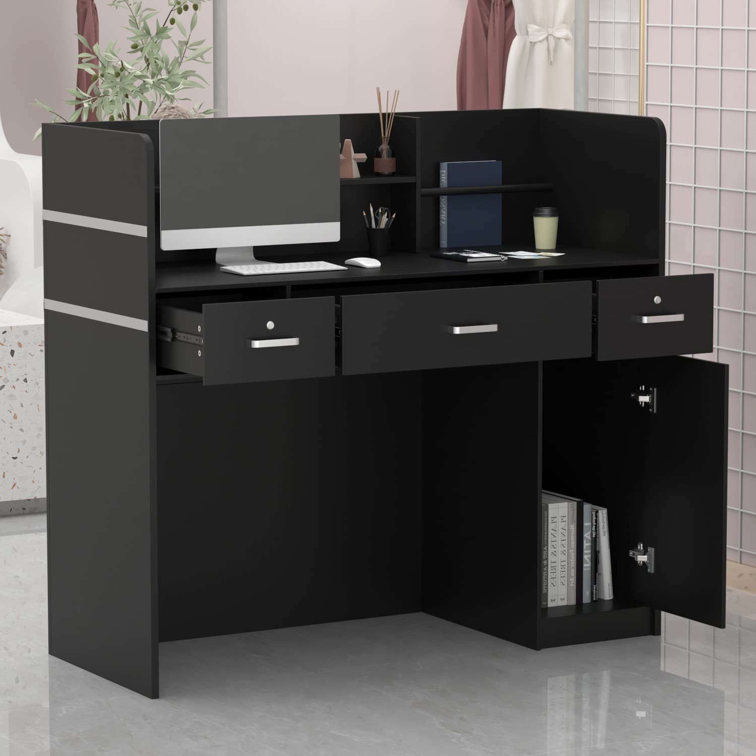 Wooden Reception Desk with Open Shelf & Lockable Drawers - Office Counter for Reception Room (Black) - Perfect for Corporate Lobbies