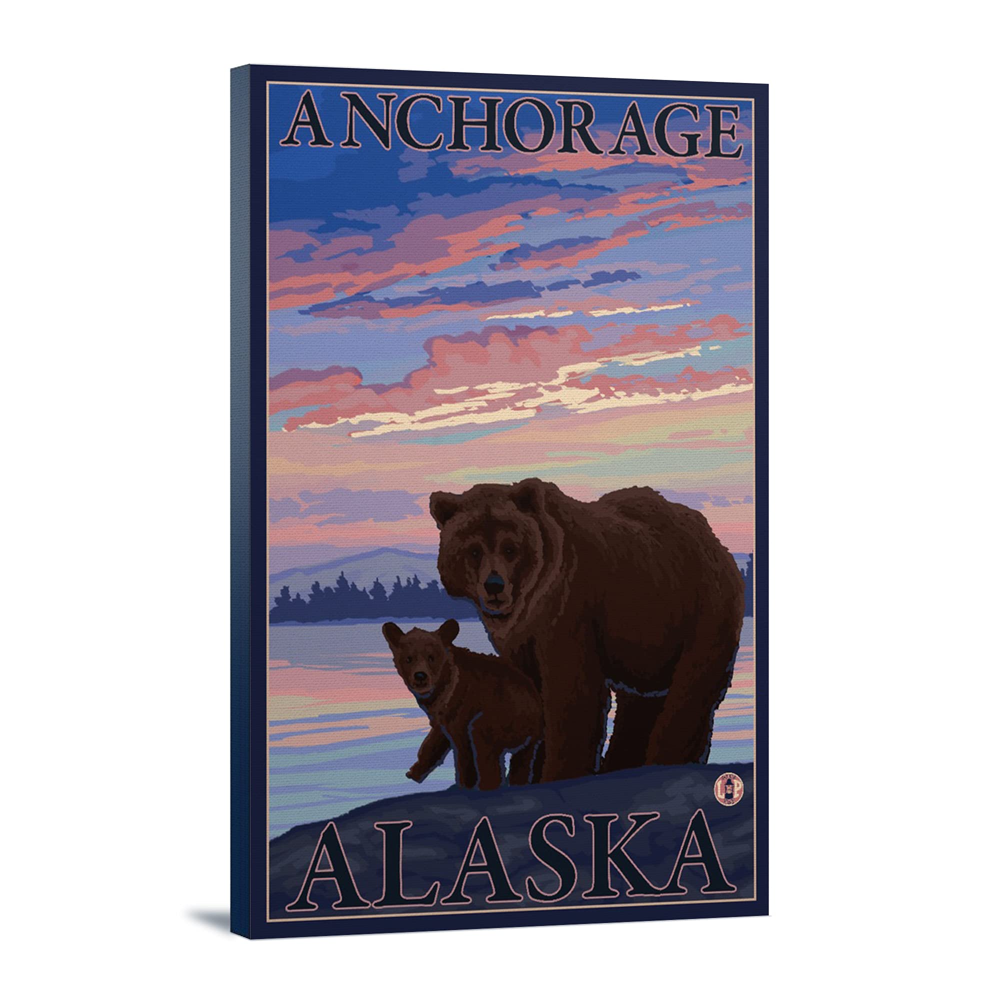Lantern Press Bear and Cub Anchorage Alaska Wall Art - 16x24 Wrapped Canvas Print for Home Decor, Living Room, Bedroom & Office