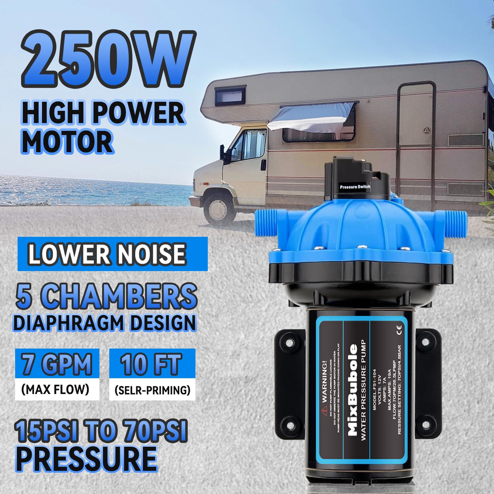 Upgraded 12V RV Water Pump 7GPM 70PSI - Heavy Duty Self-Priming Diaphragm Fresh Water Pump with Pressure Switch & Strainer - for RV, Marine, Yacht, Caravan, Camper - Perfect for Off-Grid Living, Boondocking & Outdoor Adventures