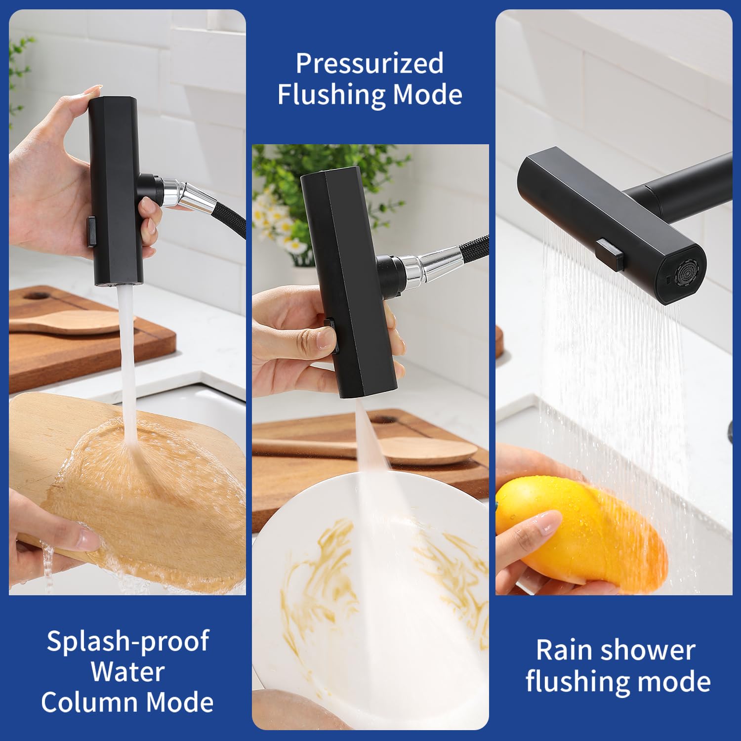 360° Rotatable Black Waterfall Kitchen Faucet with 3-Function Pullout Sprayer - Single Handle Design for 1 or 3 Hole Installation - Perfect for Modern and Farmhouse Kitchen Sinks