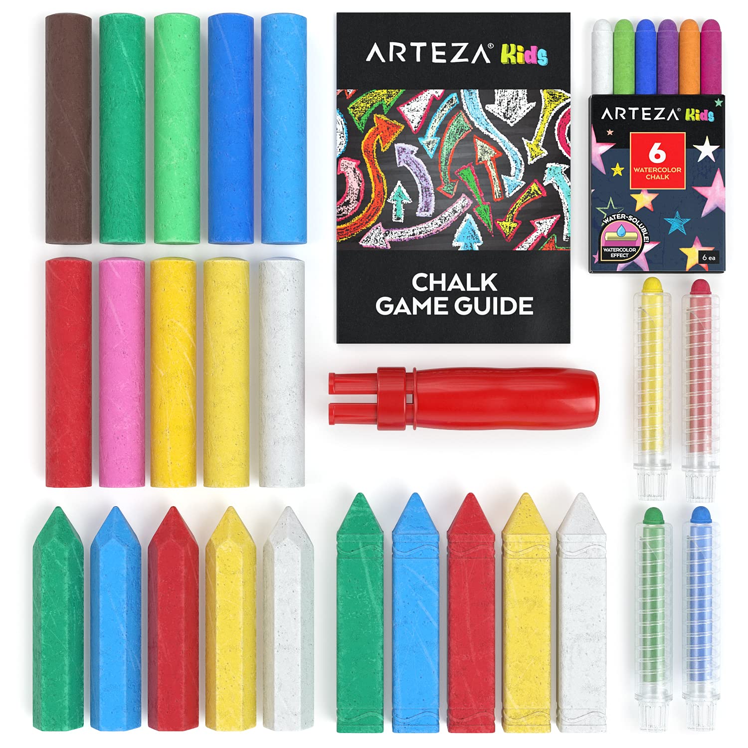 Arteza 36-Piece Kids Sidewalk Chalk Set - Non-Toxic, Washable & Easy-Grip Chalk for Outdoor Play with Fun Game Guide - Perfect for Driveway Art, Hopscotch & Summer Activities
