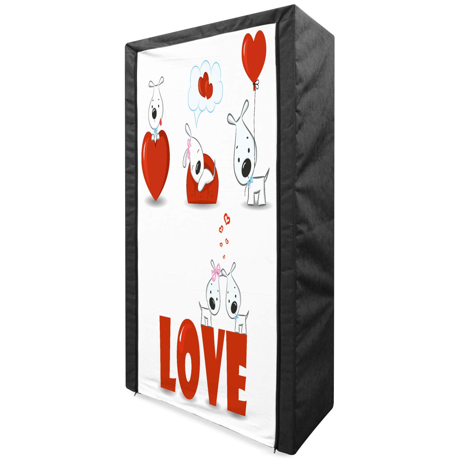 Ambesonne Valentine's Day Portable Fabric Wardrobe - Puppy Love Hearts & Dogs Print, His & Hers Heart Balloon Romantic Design, 33.5