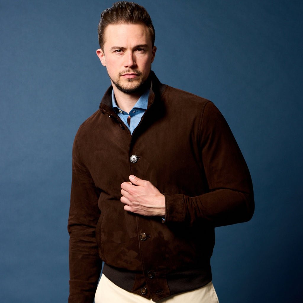 Premium Suede Leather Bomber Jacket for Men - Dark Brown Classic Aviator Style | MCKINNON & CO | Perfect for Casual Wear, Night Out & Fall Fashion