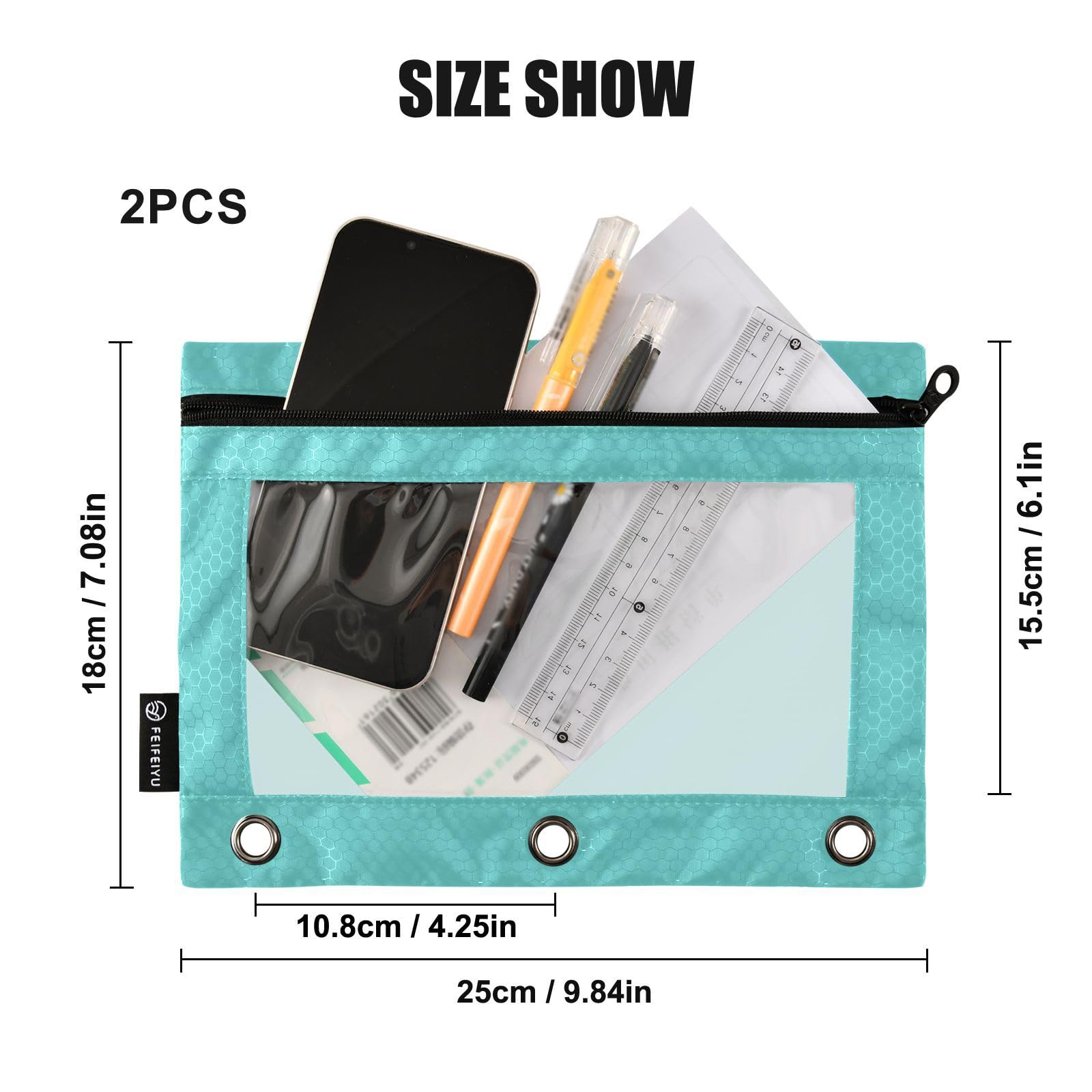 Emelivor 2-Pack Turquoise Pencil Pouch for 3-Ring Binders - Clear Window Zippered Pencil Case for School, Office & College Supplies - Perfect for Organizing Pens, Markers & Stationery