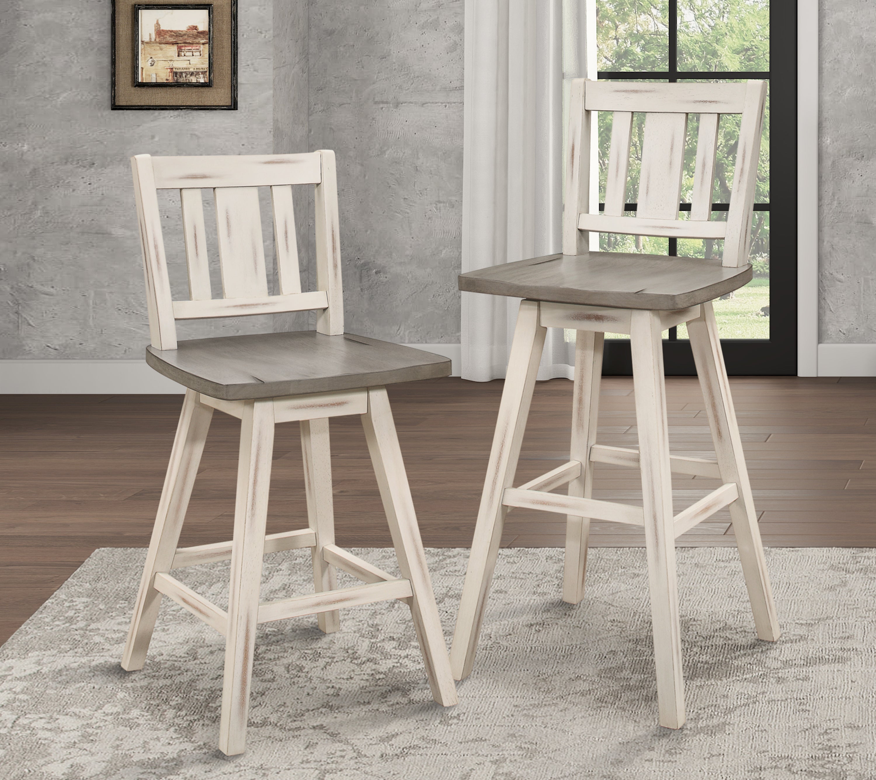 Set of 2 White Gray 360-Degree Swivel Counter Height Chairs - Solid Rubberwood Kitchen Dining Furniture with Vertical Slat Back - Perfect for Breakfast Bars, Kitchen Islands & Small Space Dining