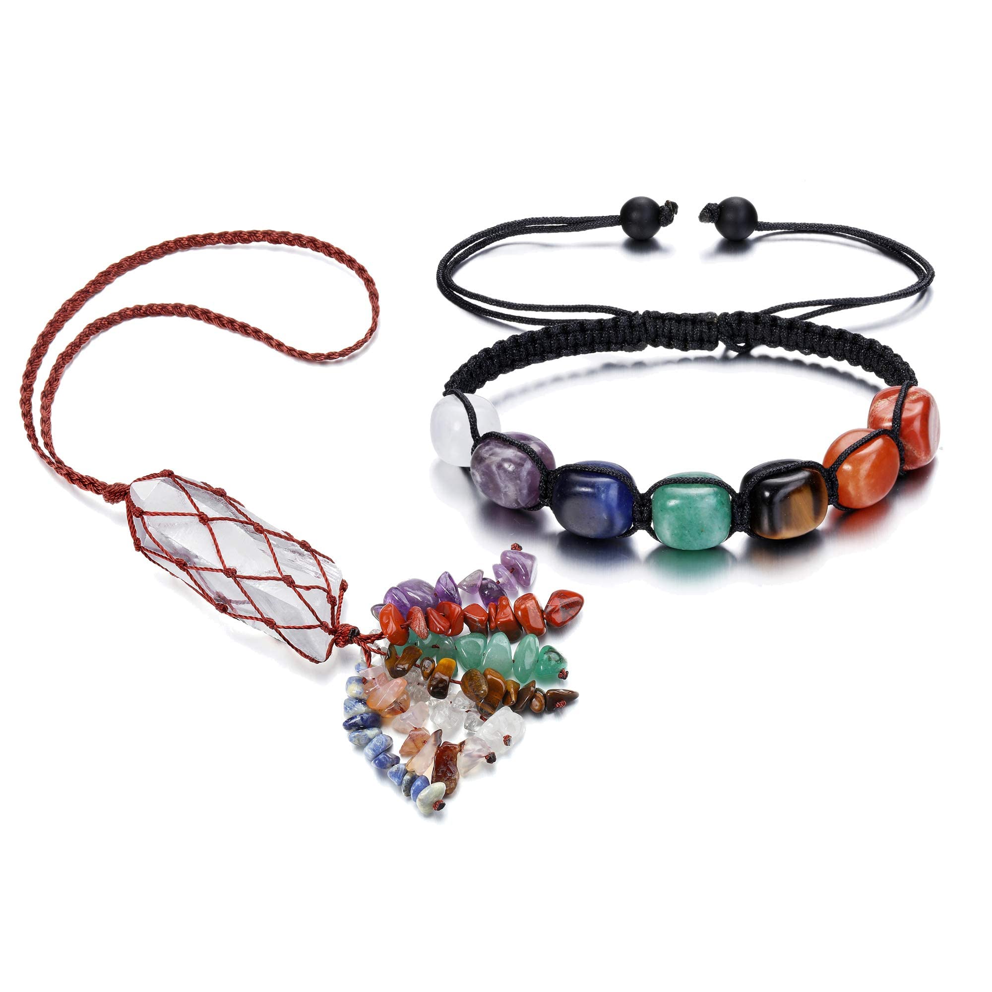 Jovivi 7 Chakra Healing Crystals Set - Reiki Stretch Bracelet & Raw Quartz Hanging Ornament with Tumbled Stones & Tassels | Spiritual Healing, Meditation & Home Decor