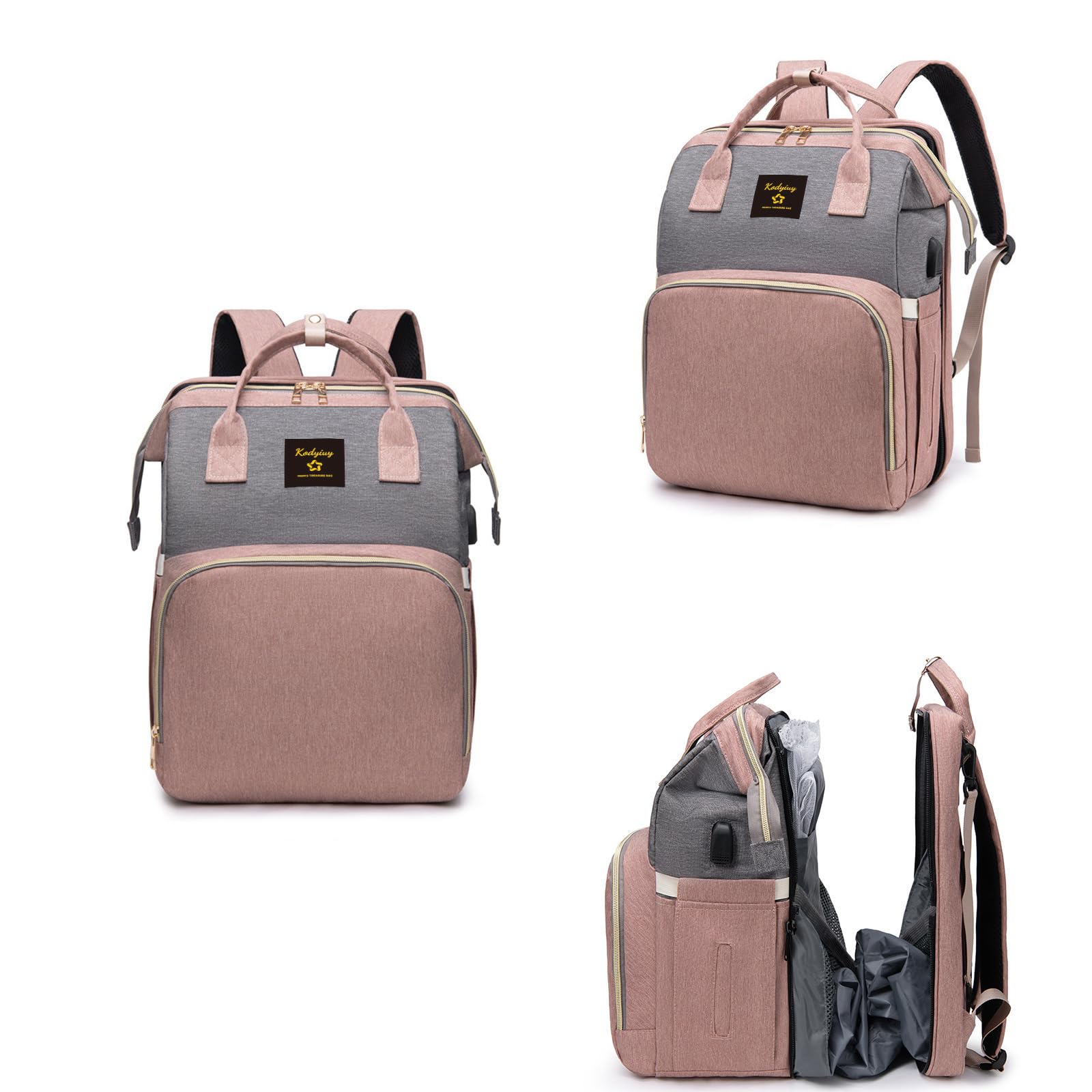 Large Capacity Baby Diaper Backpack - Waterproof Travel Changing Station with Foldable Design, Perfect Gift for New Moms (Pink-Gray) | Ideal for Daycare, Outings & Family Trips