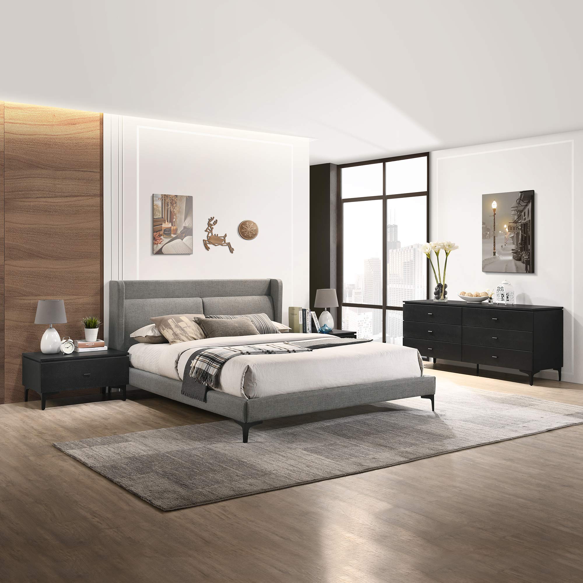 Armen Living Legend 4-Piece Queen Size Bedroom Set - Gray/Black Fabric Platform Bed with Dresser and Nightstands | Modern Bedroom Furniture for Small Spaces & Guest Rooms