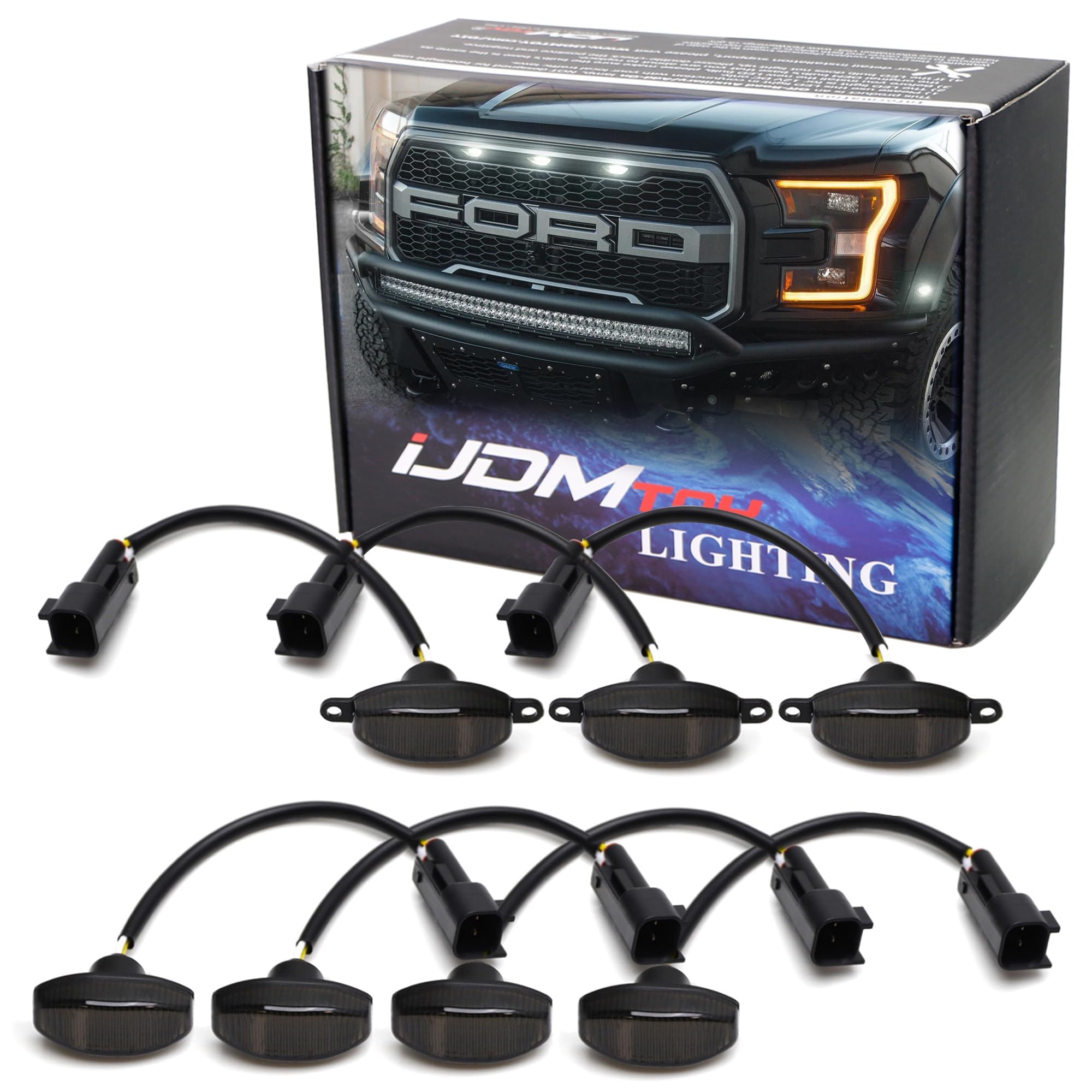 iJDMTOY 7-Piece Smoked Lens 84-SMD LED Grille Running Lights Kit with Front/Rear Side Marker Lights for 2010-2014 Ford Raptor (Front White, Rear Red) - Upgrade Your Truck's Style & Visibility for Off-Road Adventures