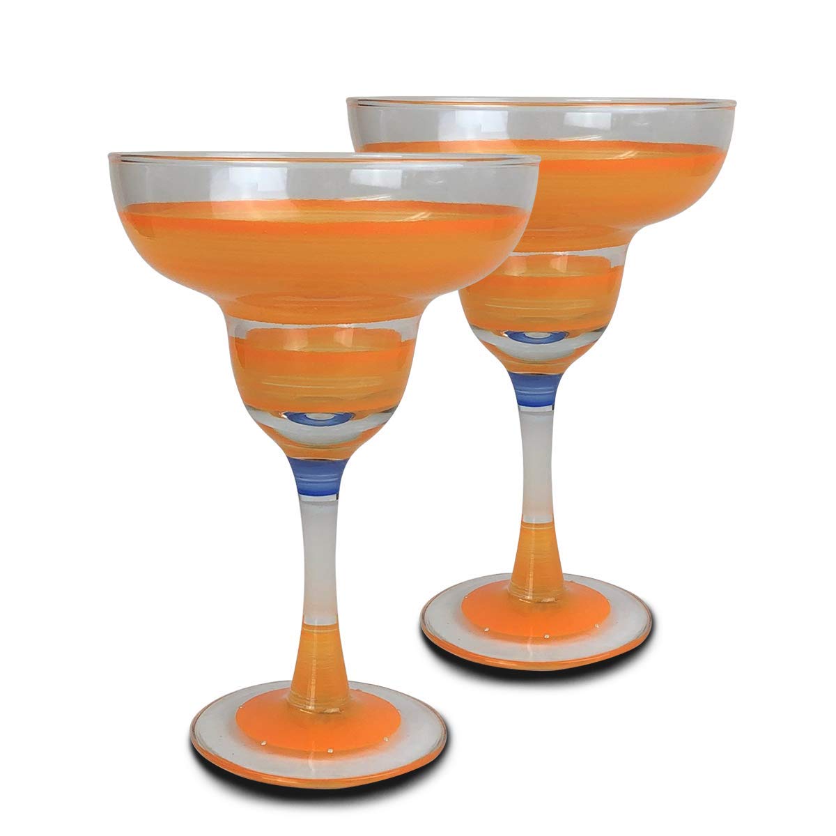 Set of 2 Orange Retro Stripe Hand Painted Margarita Glasses - 12oz Cocktail Cups for Summer Parties, Beach Bars & Mexican Themed Decor