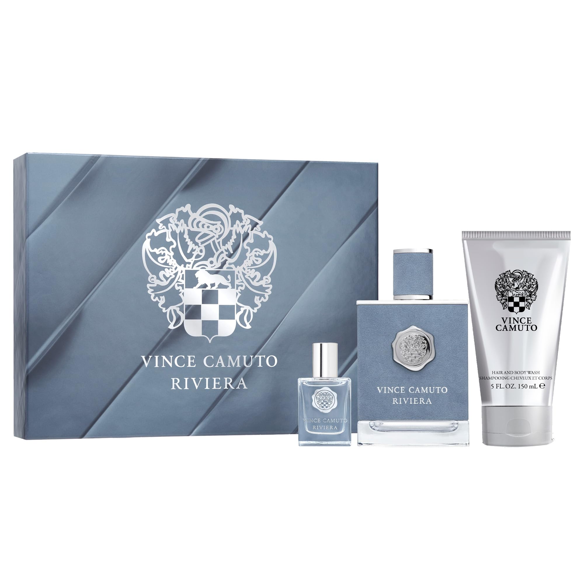 Vince Camuto Riviera 3-Piece Men's Cologne Gift Set - Italian Lemon, Lavender & Patchouli Fragrance (3.4oz EDT + 0.5oz Travel Spray + 5oz Hair & Body Wash) - Perfect Christmas Gift for Him, Birthday Present & Anniversary Idea - Great for Travel, Date Night & Everyday Wear