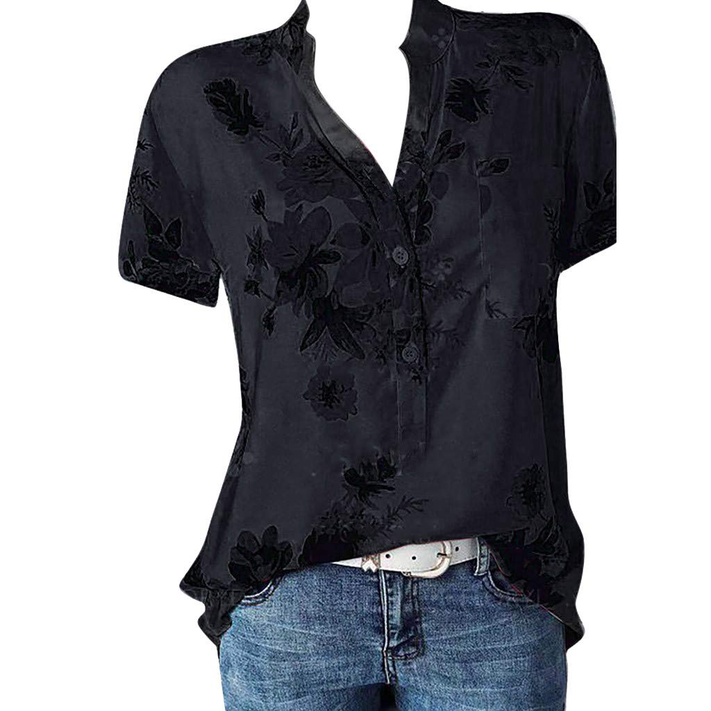 Plus Size Women's Short Sleeve Blouse with Pocket - Printed Casual Black Tee Shirt for Work, Travel & Everyday Wear