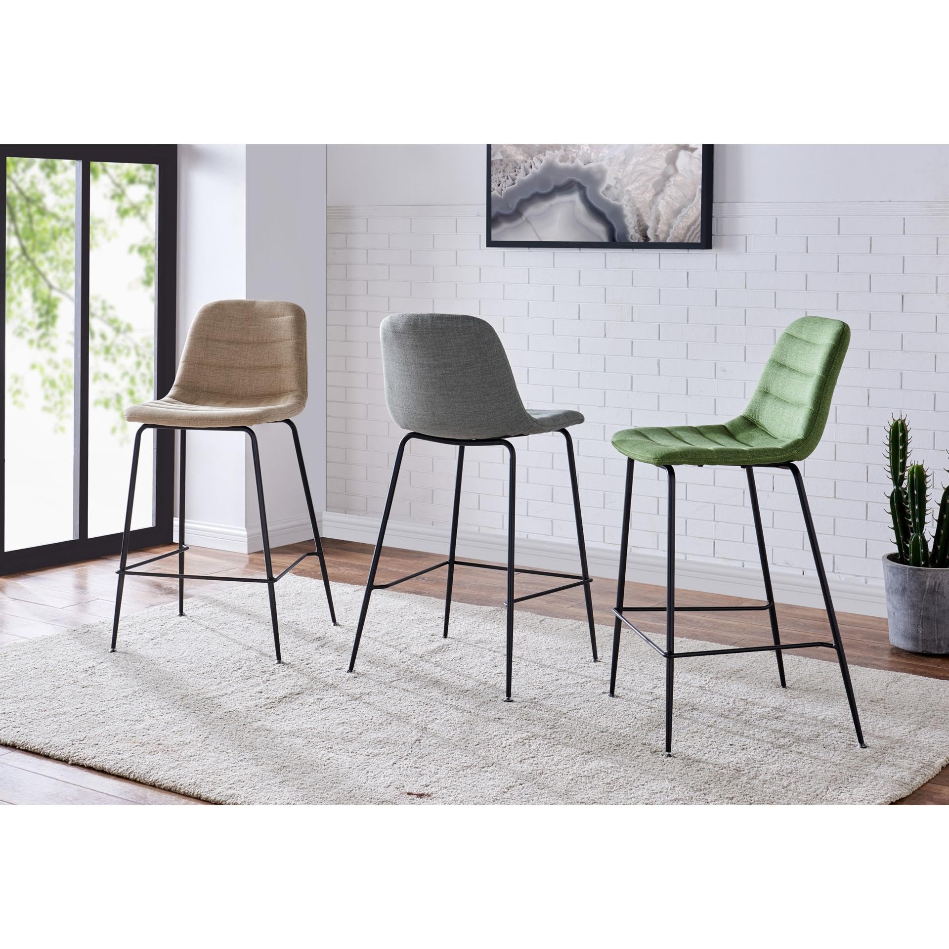 Caleb Fabric Counter Stool - Modern Kitchen Bar Stools with Penta Green Upholstery, Comfortable Swivel Seat for Home, Restaurant & Cafe Use