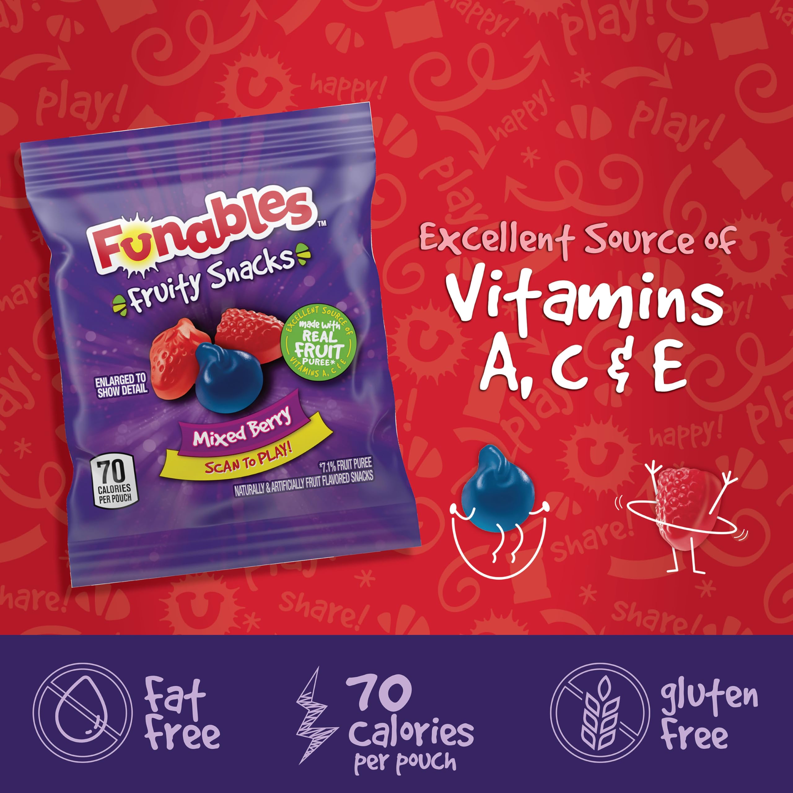 Funables Mixed Berry Fruit Snacks - 0.8oz Pouches (Pack of 10) | Gluten Free Kids Snacks for Lunch Boxes, School, Travel & On-the-Go Healthy Treats