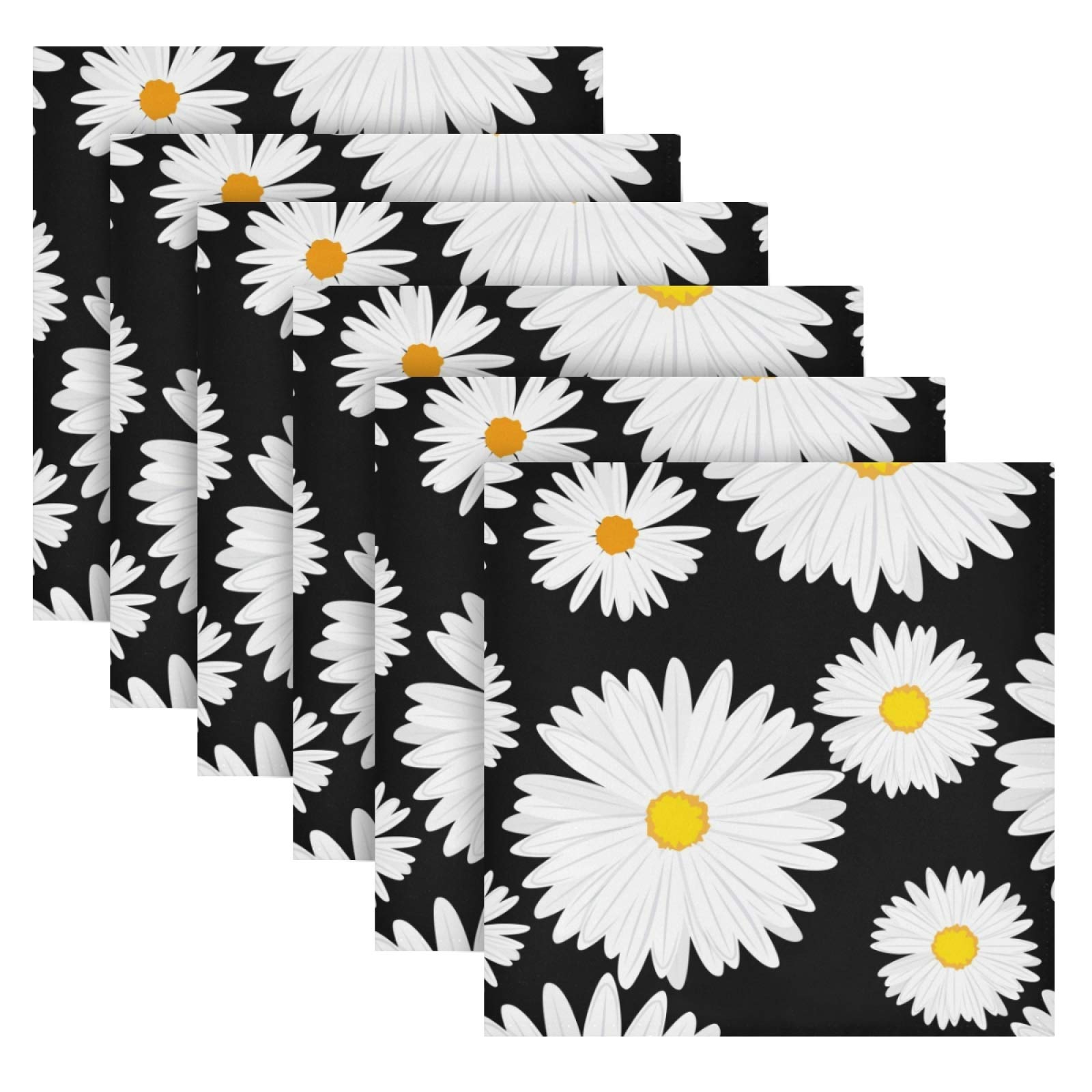 Premium Black Cloth Napkins Set of 6 - 20x20 Inch Oversized White Daisy Floral Polyester Dinner Napkins, Washable & Reusable for Wedding, Party, Festival Decorations - Elegant Table Setting for Holidays & Special Occasions