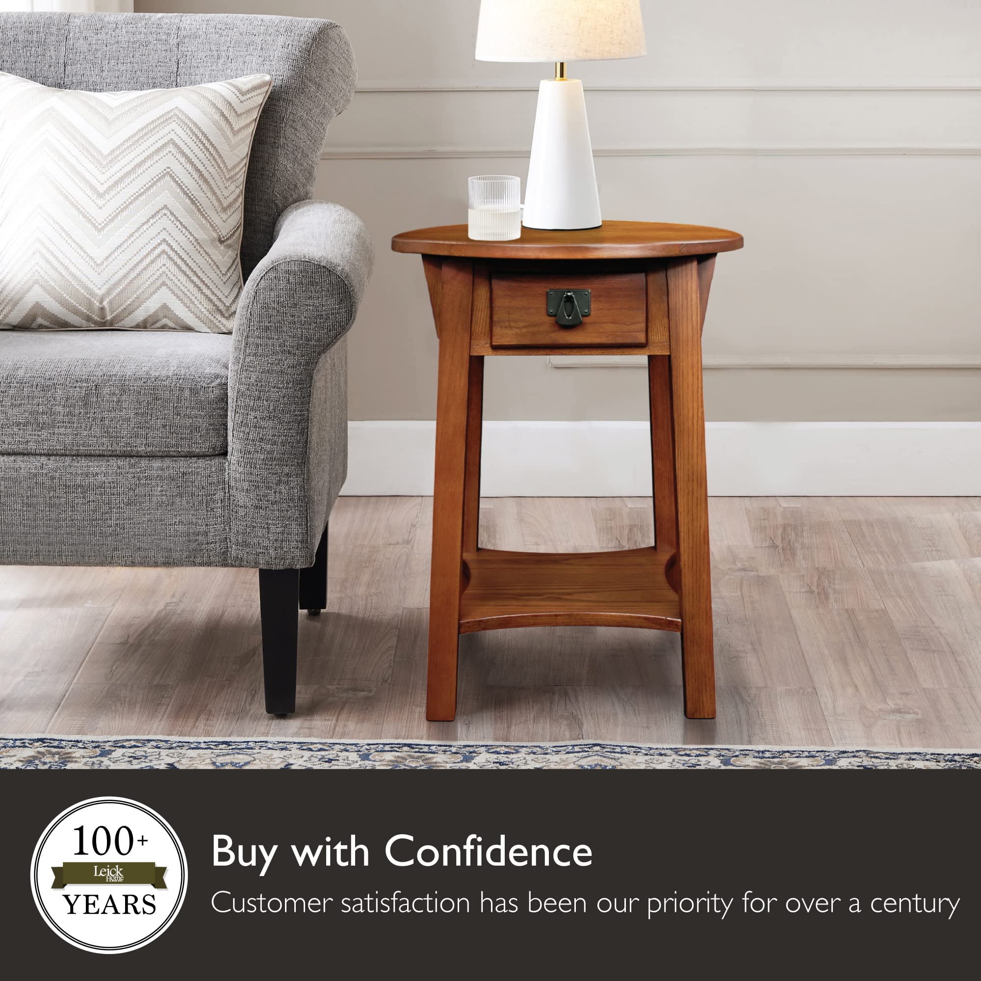 Leick Home 9056-RS Solid Wood Round End Table with Drawer - Rustic Mission Style Side Table for Living Room, Bedroom & Office - Perfect for Holding Lamps, Books & Decor