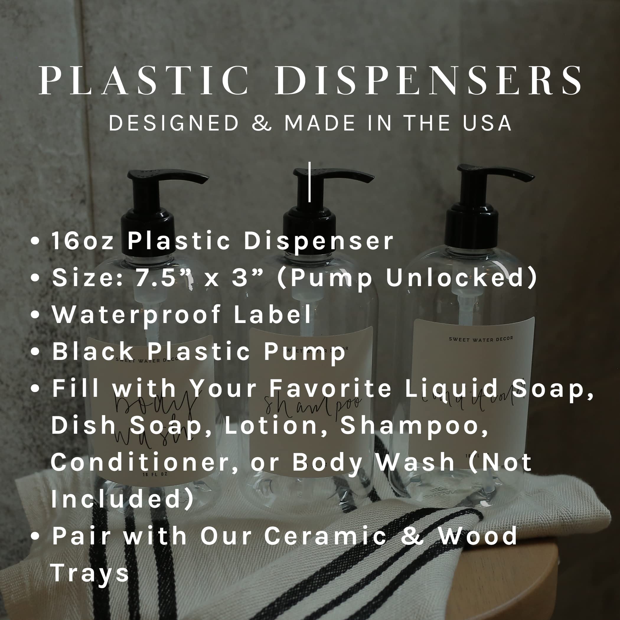 Sweet Water Decor 16 oz Clear Plastic Refillable Body Wash Dispenser with Pump - Rustic Modern Farmhouse Style - Waterproof White Label with Black Text - Perfect for Bathroom, Kitchen, or Gift Giving