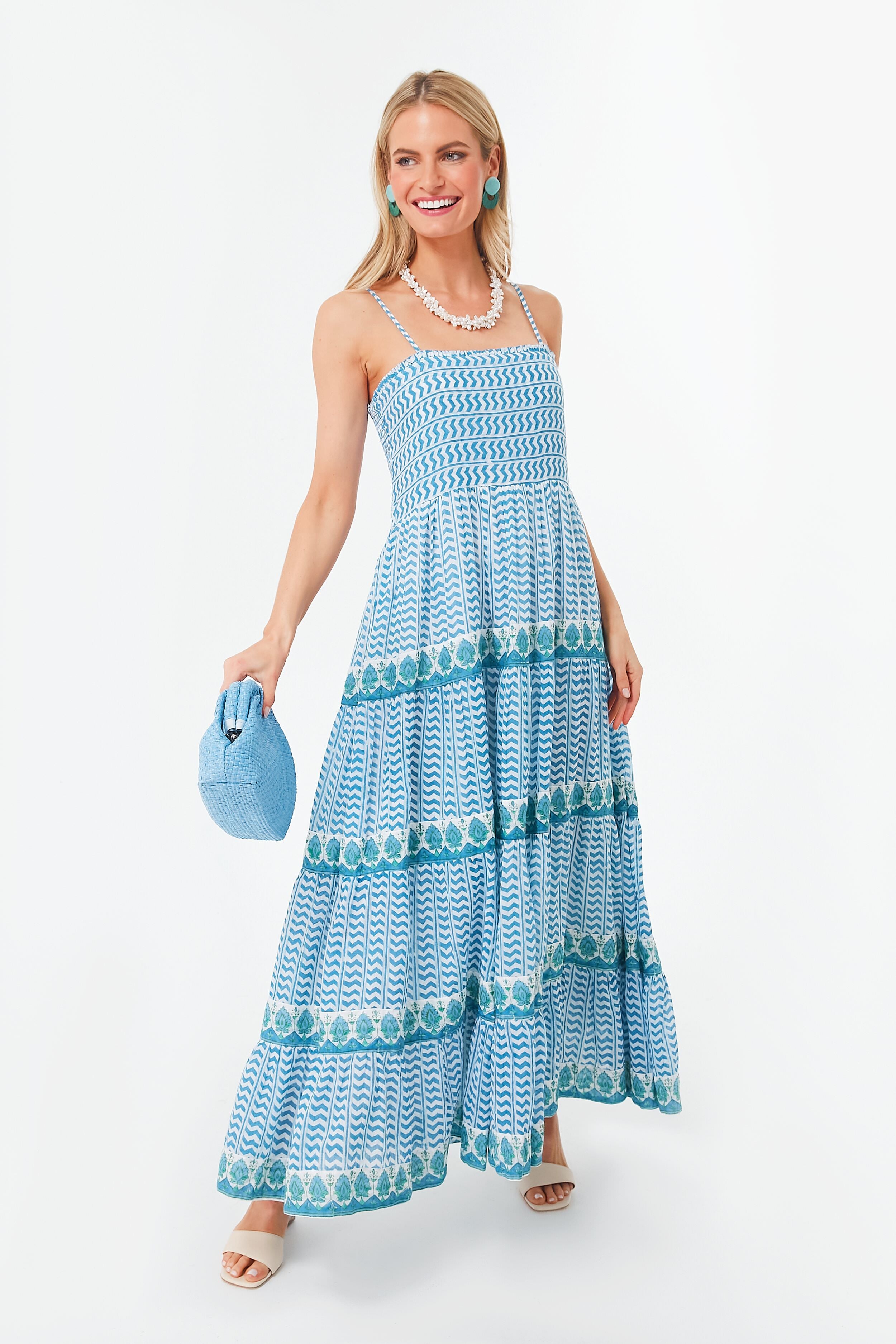 Blue Marley Smocked Back Maxi Dress for Women - Flowy Summer Beach Dress with Elastic Waist, Boho Chic Vacation Outfit | Perfect for Beach Parties, Weddings & Date Nights
