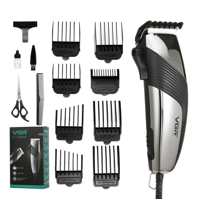 VGR V-121 Professional Hair Clipper for Men - Self-Sharpening Blades, 8 Guide Combs, Scissors & Comb Included - Adjustable Taper Lever for Precision Haircuts - Corded Electric Clipper (Black) - Perfect for Home Barbering, Salon Styling & DIY Haircuts
