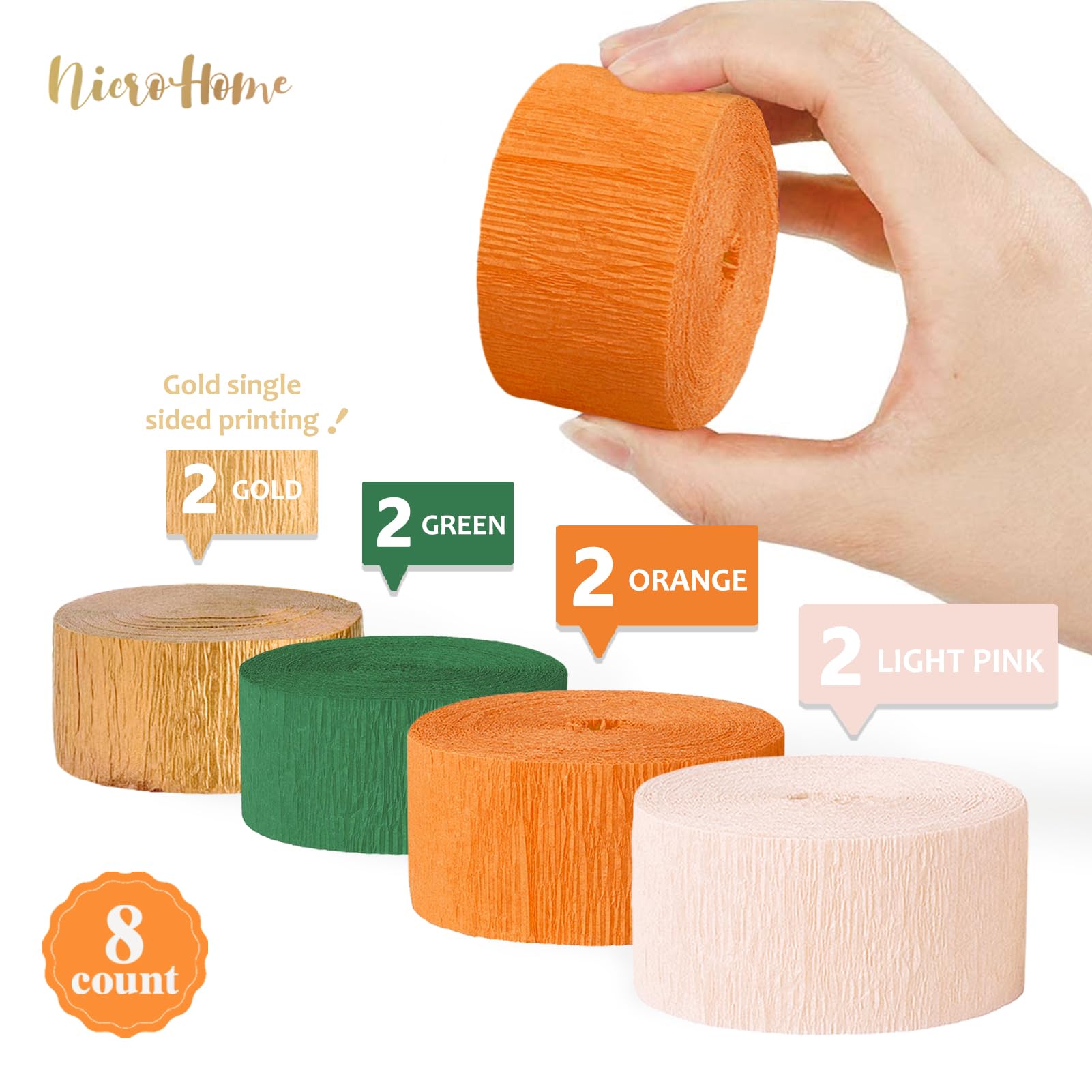 NICROHOME Little Cutie Baby Shower Decorations - 8 Rolls Orange & Green Crepe Paper Streamers for Birthday Parties, Summer Celebrations, Fruit Themed Events - Perfect for Nursery Decor, Gender Reveals & Baby Shower Backdrops