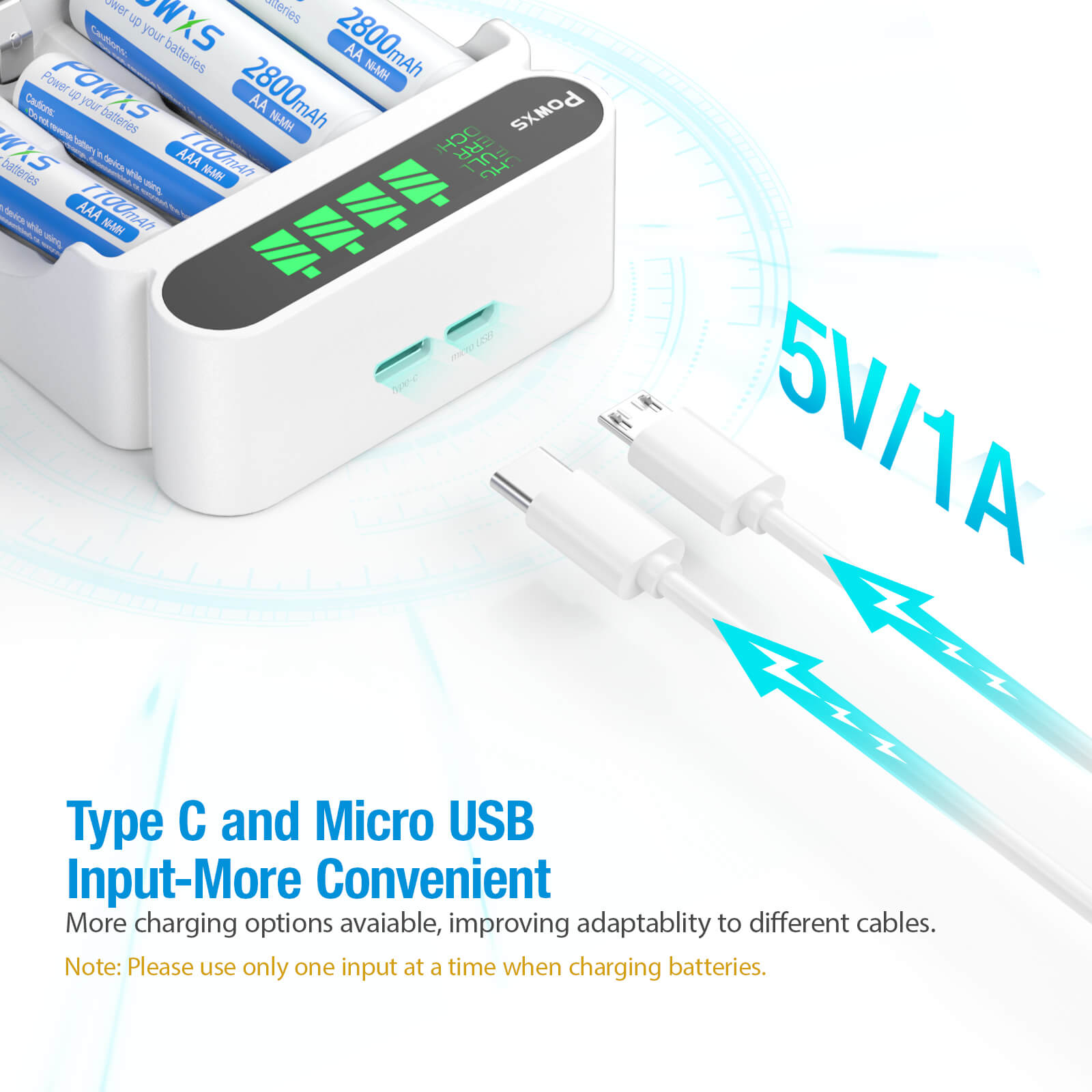 POWXS 4 Bay AA AAA Battery Charger - Fast Charging for Rechargeable Batteries - Perfect for Cameras, Toys, and Home Electronics