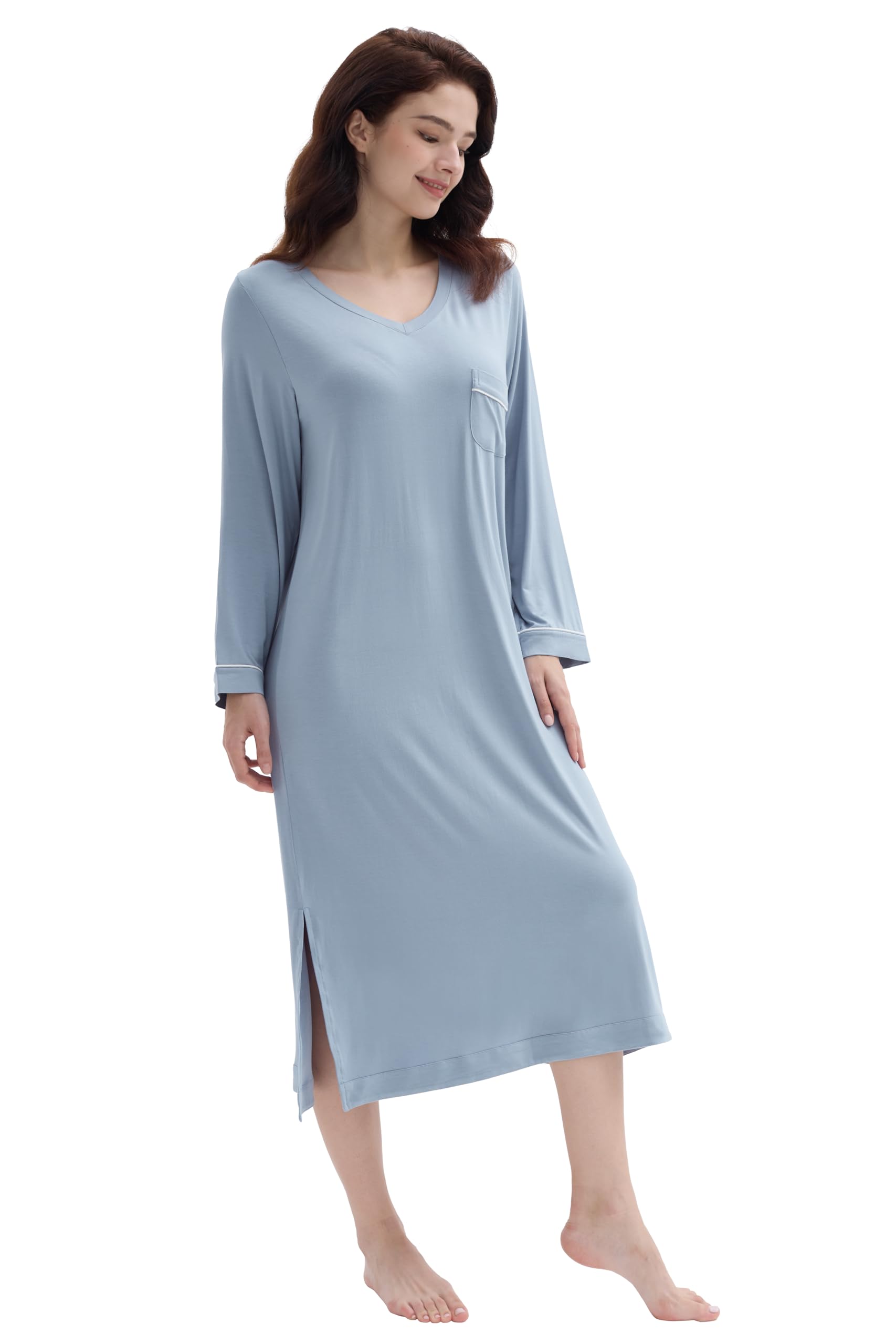 Joyaria Women's Soft Long Sleeve Nightgown - Bamboo Viscose V-Neck Sleep Shirt - Moisture Wicking Comfortable Sleepwear S-XXL - Perfect for Relaxing at Home, Lounging & Overnight Stays