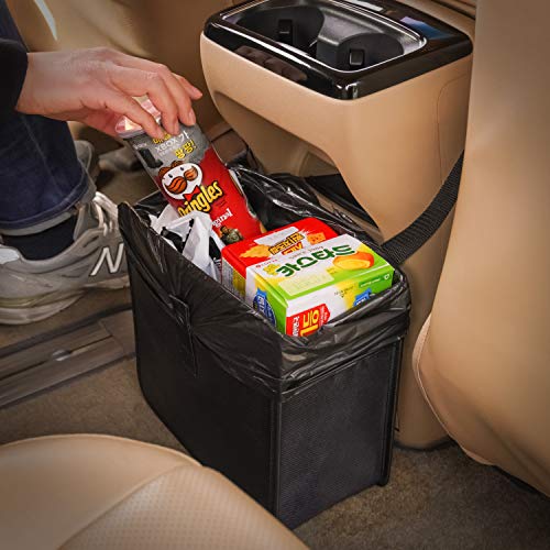 Foldable Hanging Car Trash Can - Vegan Leather & Oxford Fabric Car Organizer with Adjustable Strap, Large Black Car Garbage Bin for Road Trips, Commuting and Family Travel Accessories
