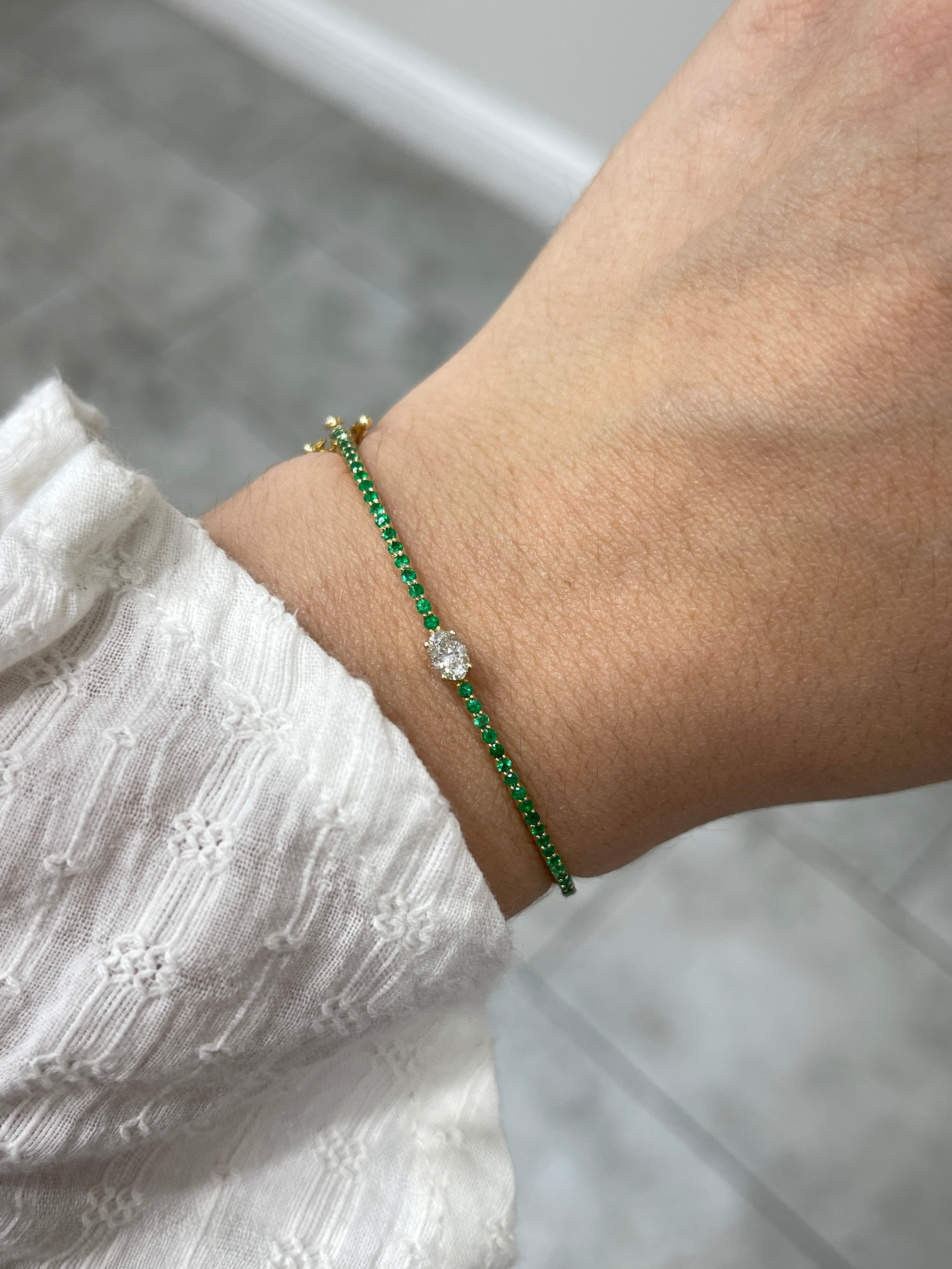 14K Yellow Gold Oval Diamond & Emerald Bangle Bracelet - 5.5 Inch Adjustable Wrist Size for Women | Perfect for Weddings, Anniversaries & Special Occasions