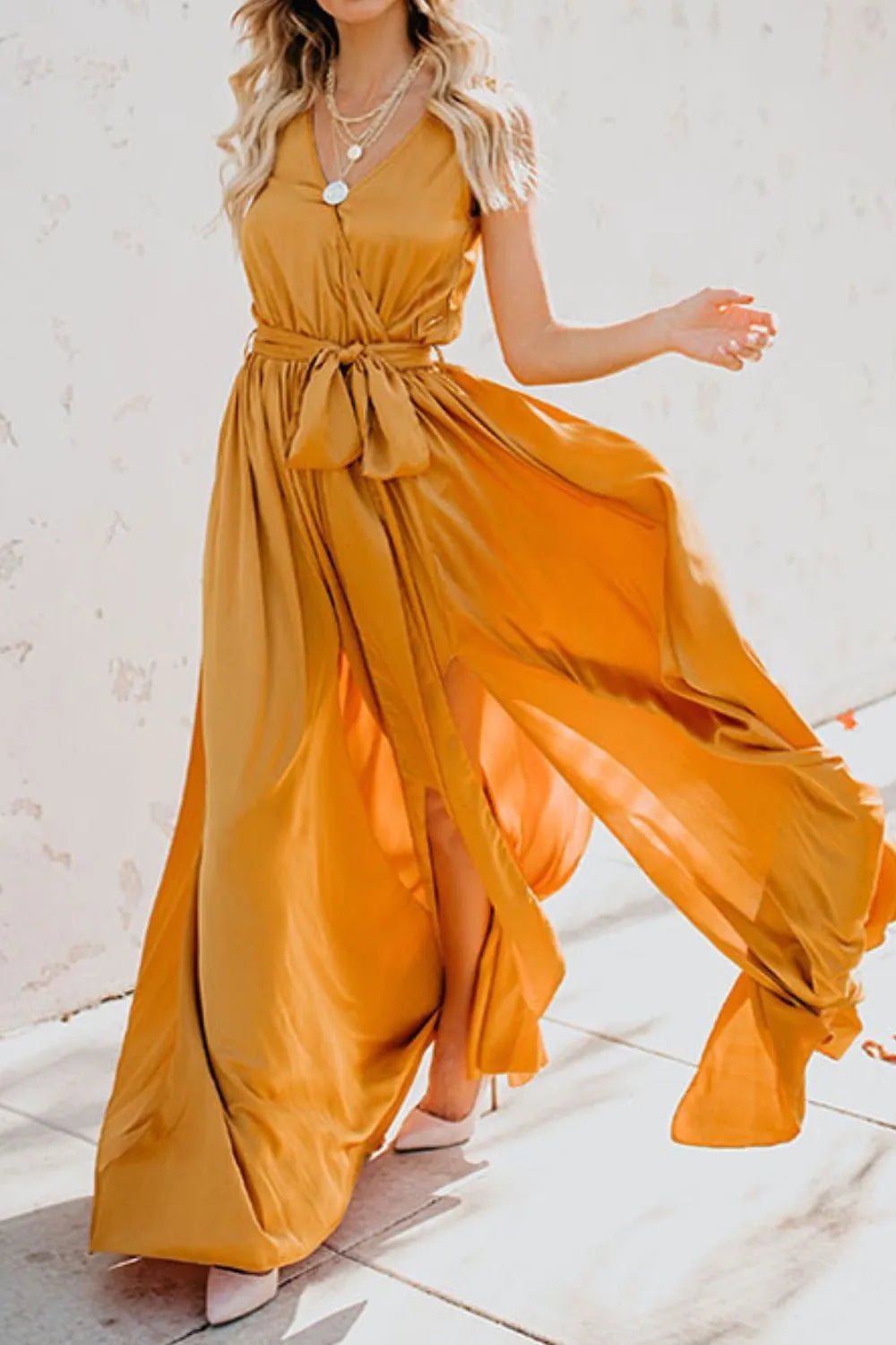 Elegant Tie Waist Maxi Resort Dress for Women - Flowy Summer Beach Dress with Side Slits | Perfect for Vacations, Weddings & Tropical Getaways