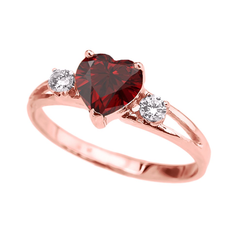 10K Rose Gold Heart Shaped Garnet & Rose Topaz Three Stone Split Shank Ring for Women - Perfect for Valentine's Day, Anniversary & Romantic Gifts