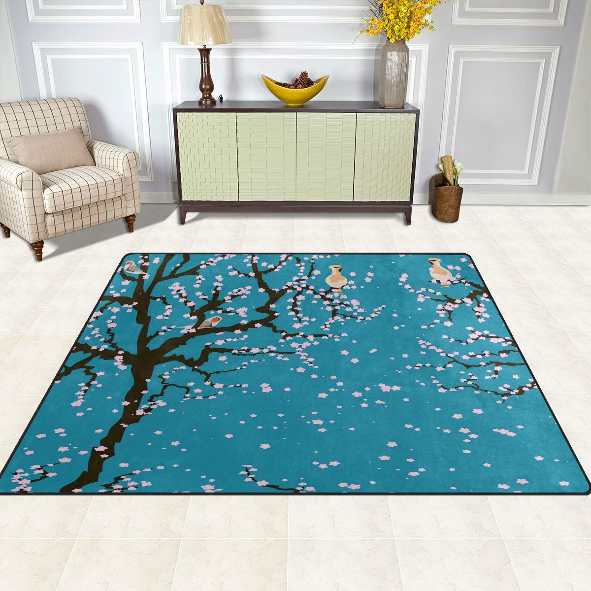 ALAZA Spring Cherry Blossom Floral Bird Japanese Design Area Rug - 7' x 5' Non-Slip Living Room Bedroom Rug - Perfect for Home Decor, Dorm Room & Office Spaces