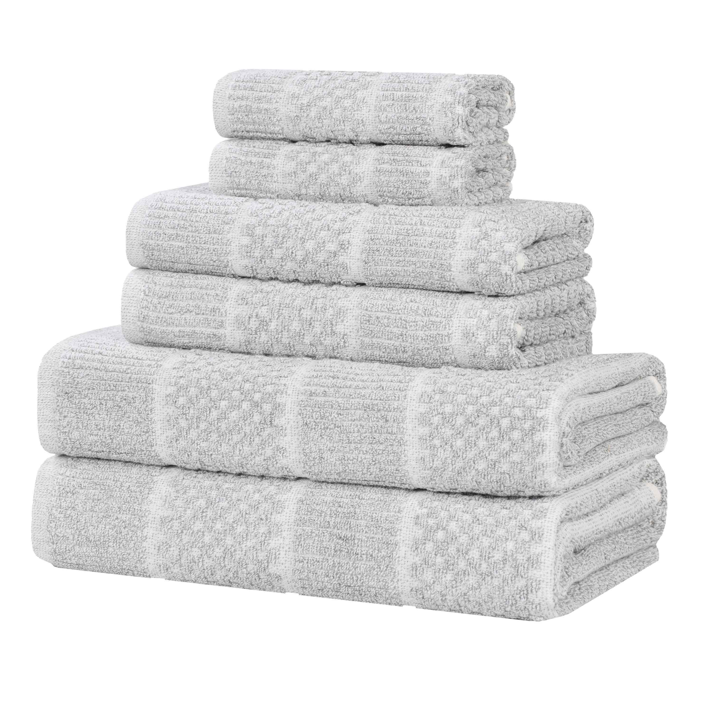 Premium 6-Piece Cotton Blend Towel Set - Medium Weight, Checkered & Ribbed Design - Soft & Absorbent Bath Towels for Spa, Guest Bathroom & Beach Use